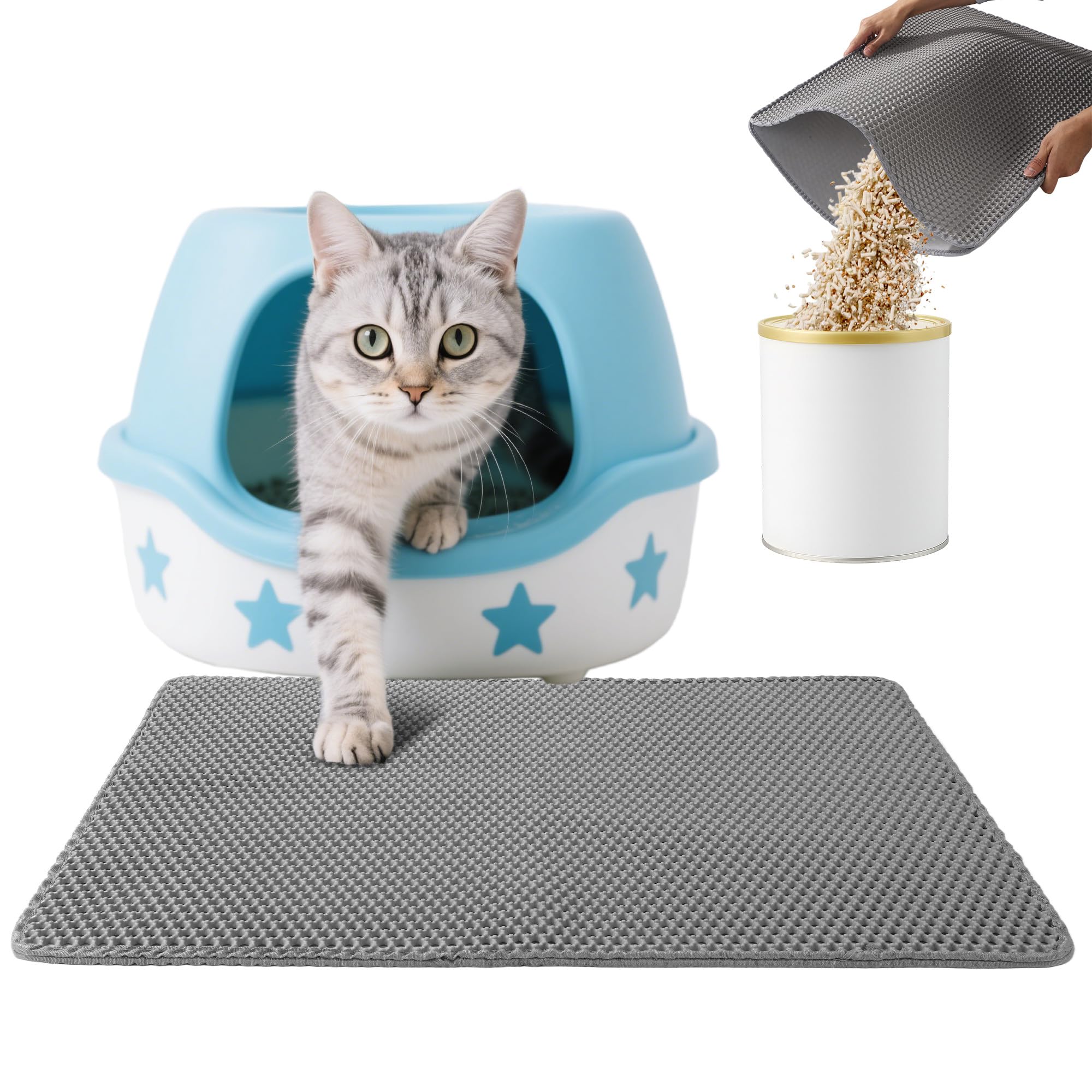 BUCOMTU Tappetino Lettiera, 75X 55 cm Tappeto per Lettiera Gatto Doppio Strato Antiscivolo, Tappeto Gatto Impermeabileda-Raccoglie Efficacemente la Sabbia, Facile da Pulire, Grigio