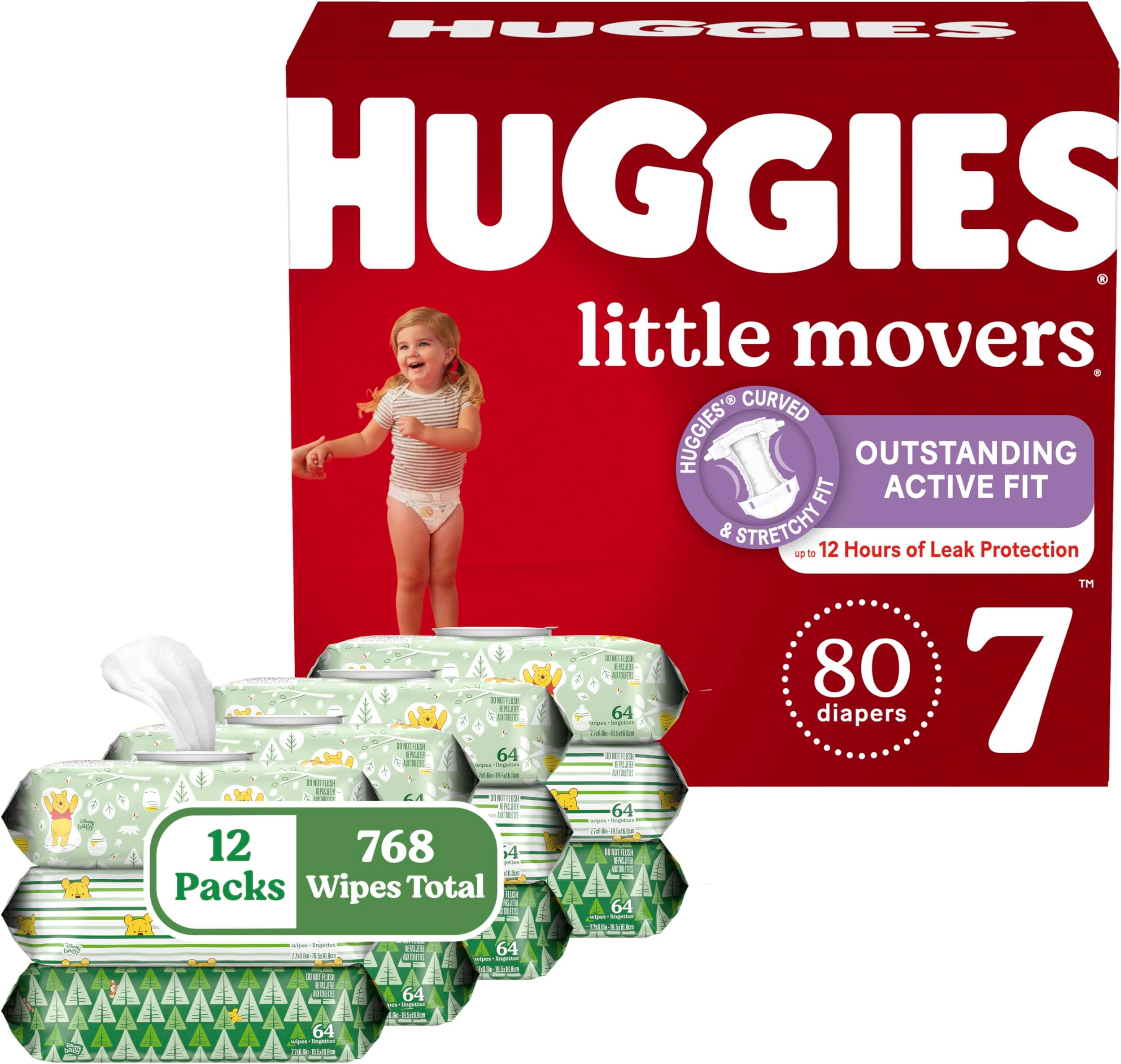Huggies Little Movers Size 7 Diapers, 80ct & 12 Flip-Top Packs Sensitive Unscented Wipes, 768 Total