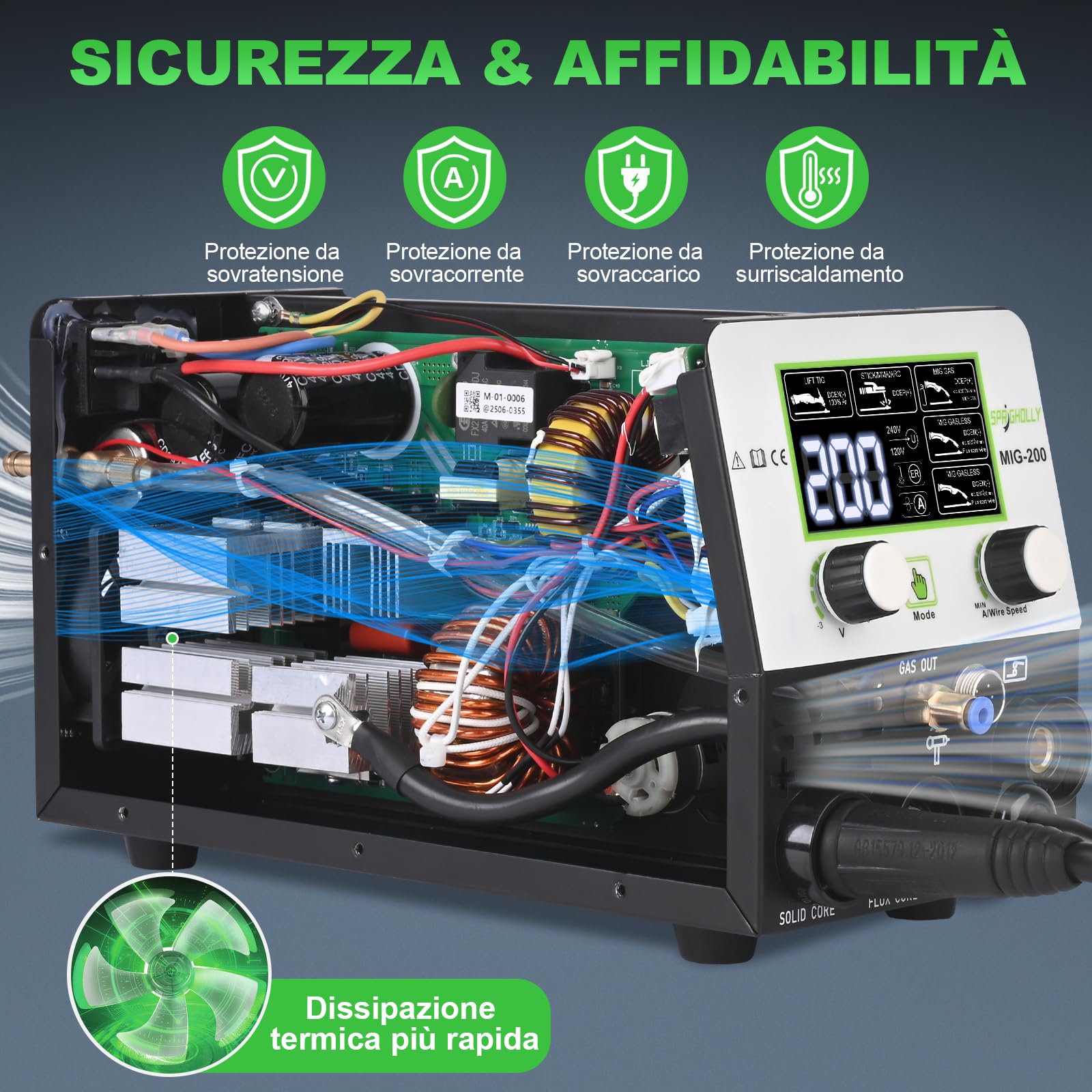 Saldatrice MIG 200 A 240 V, 4 in 1, saldatrice multiprocesso, MIG-gas/saldatura senza gas/Lift-TIG/asta/punti, grande aggiornamento display LED