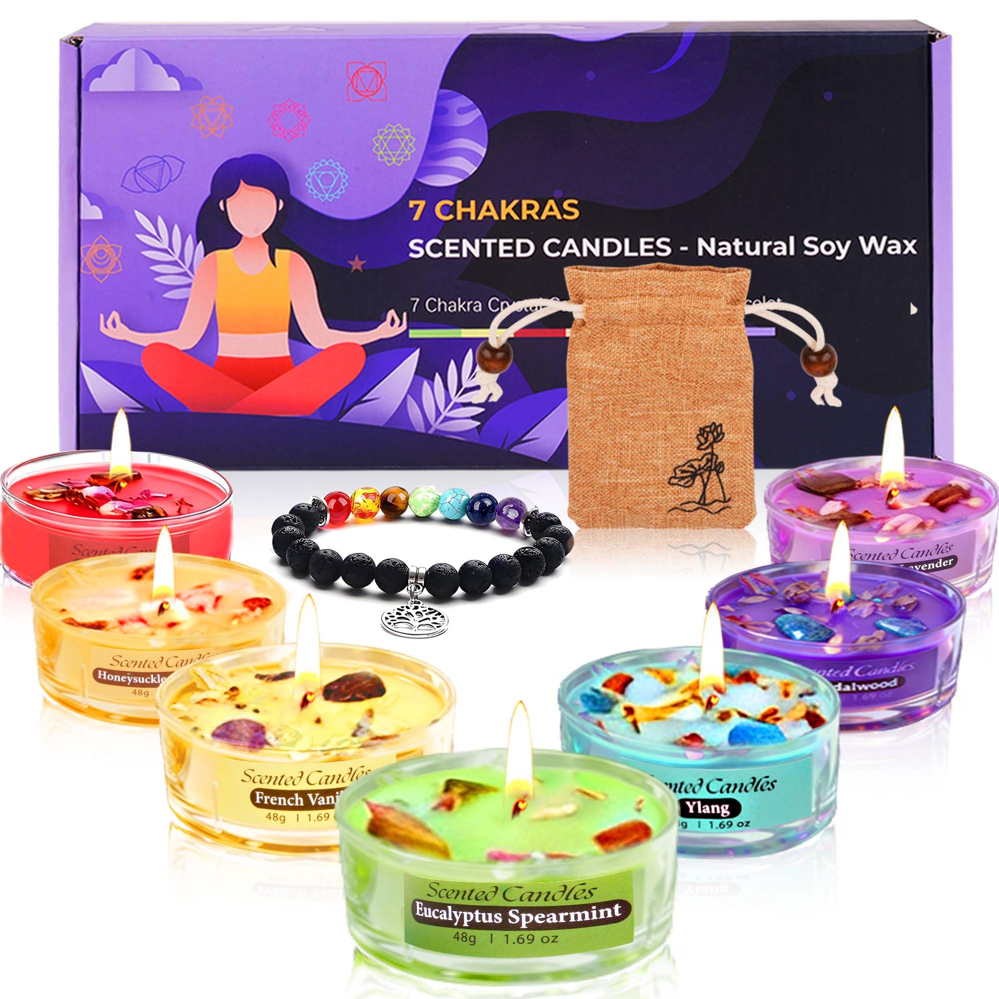 Set di 7 Candele Chakra - Candele profumate regalo per donne con cristallo premium e pietre curative, braccialetto Chakra, candela aromaterapia per yoga, meditazione, riduzione dello stress ed