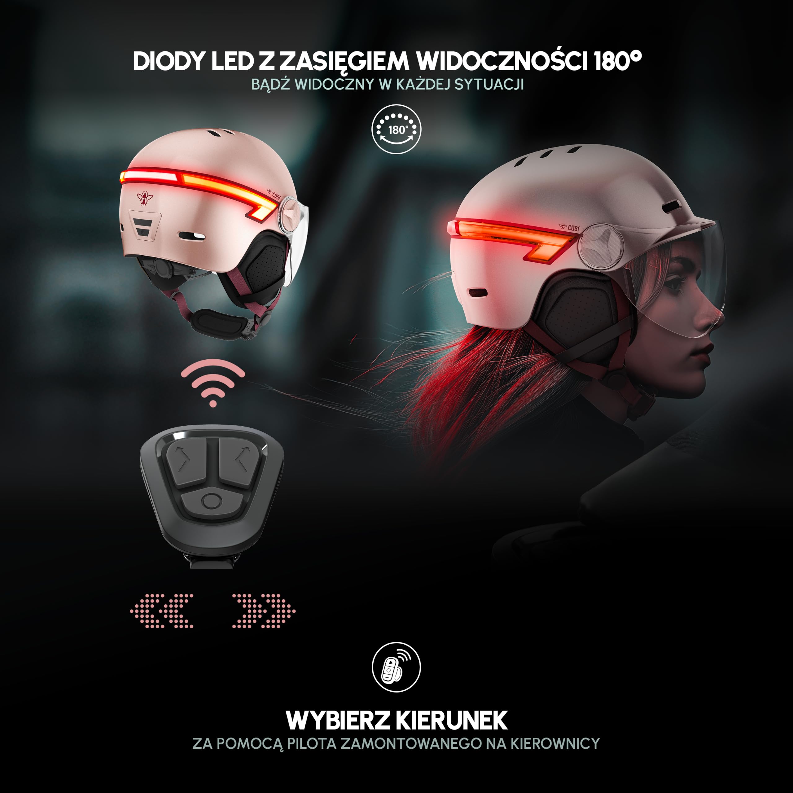 CASR Glow Kask rowerowy LED i hulajnogi, daszek XL i zdejmowane nauszniki, tylne kierunkowskazy i pilot zdalnego sterowania, ładny miejski design dla mężczyzn i kobiet, przezroczysty róż, rozmiar M