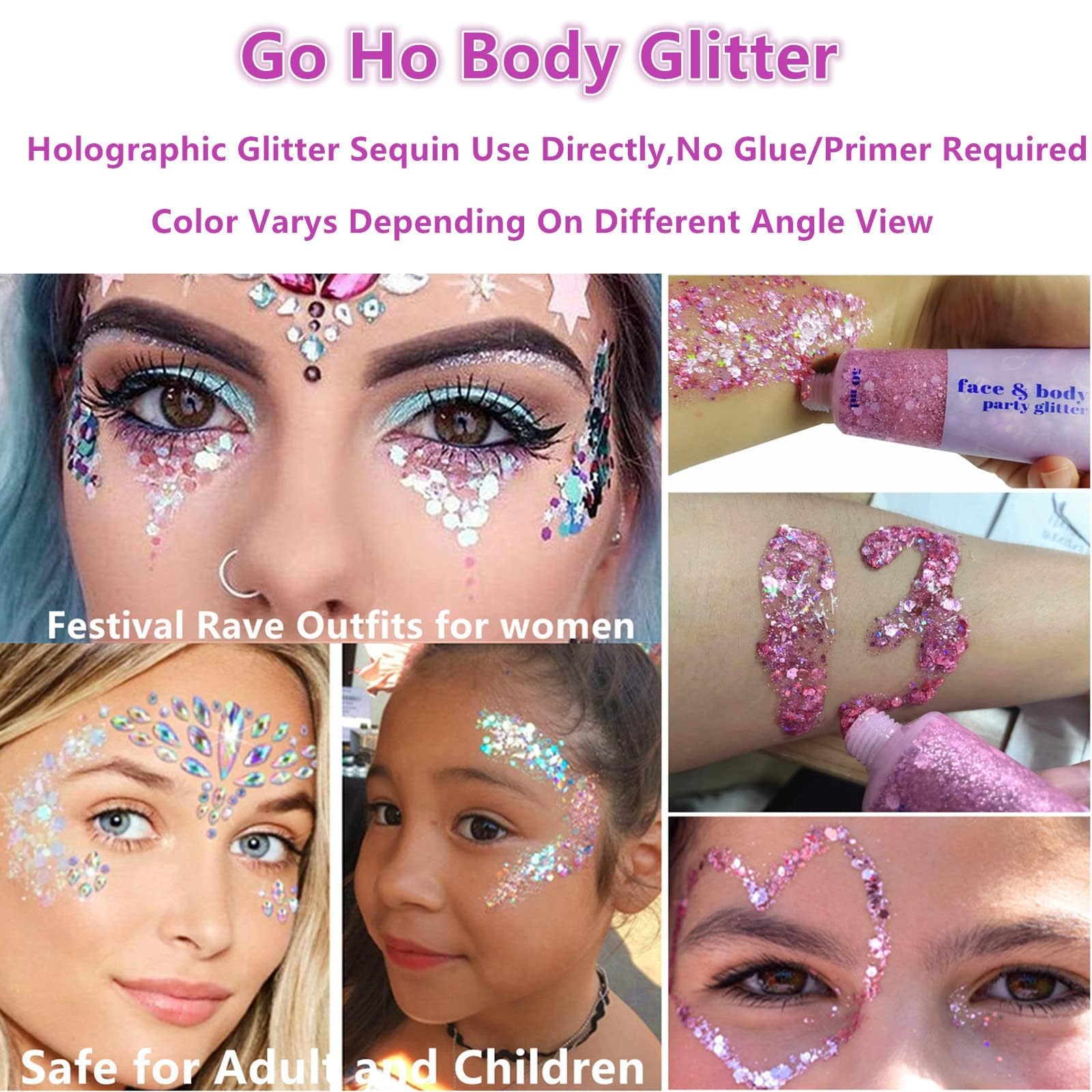 Go Ho Pink Face Body Glitter Gel,Singer Concerts Face Glitter Makeup,Holographic Long Lasting Chunky Sequins Glitters for Eye Lip Hair Nails,Festival Rave Accessories,03 Pink Glitter 52g - Image 2