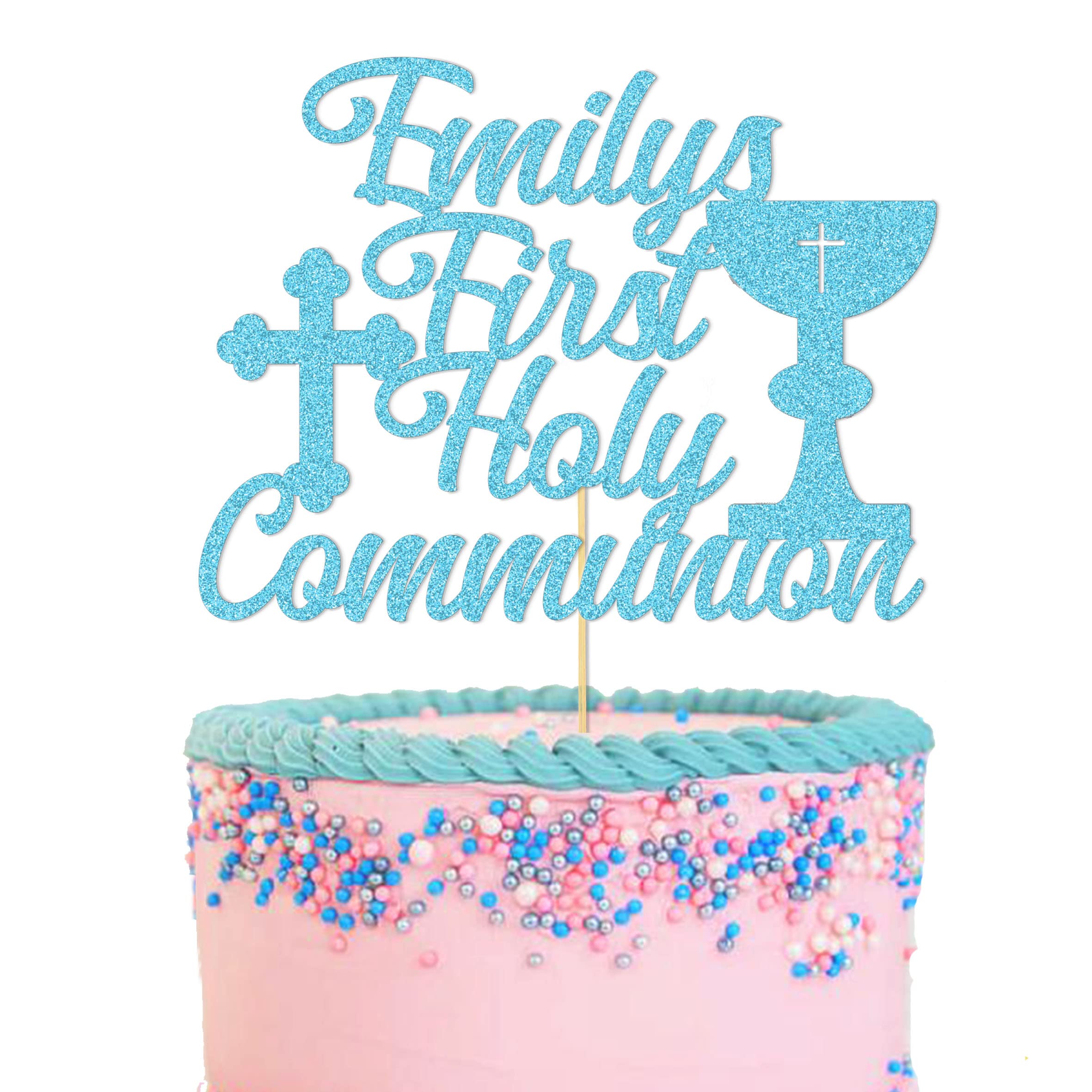 GuteGifts Personalised First Holy Communion Cake Topper - Grail Cross Christening Baptism Confirmation 1st Communion Party Decor Multicolour Glitter Hand Finished in UK (Ocean blue)