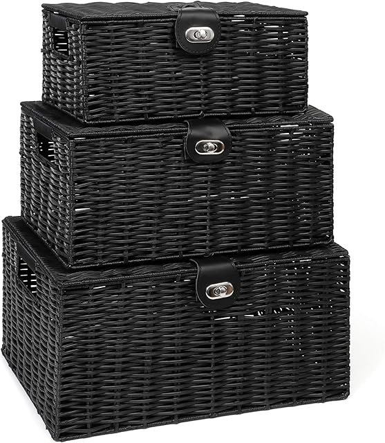 Arpan Set of 3 Resin Woven Storage Basket Box with Lid & Lock (Black)