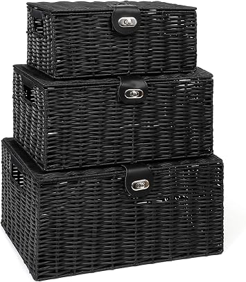 ARPAN Set of 3 Resin Woven Utility Storage Basket Box With Lid & Lock Black