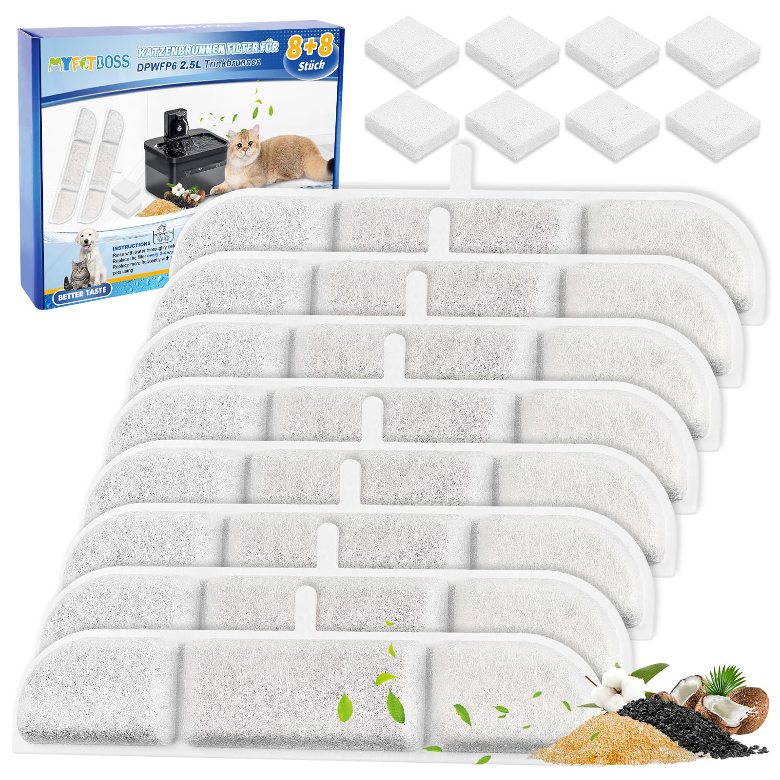 MyfatBOSS 8+8 Stück Katzenbrunnen Kabellos Filter für DownyPaws DPWFP6 Trinkbrunnen, Trinkbrunnen Filter für 2.5L Wasserbrunnen für katze Ersatzfilter Katzen und Hunde