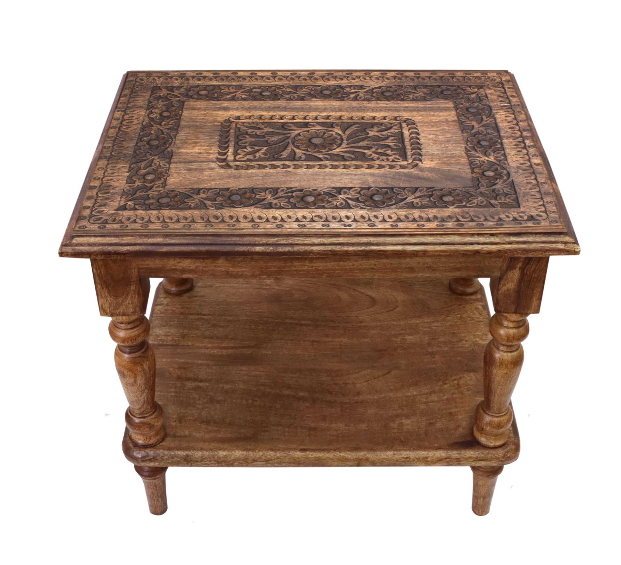 COTTON CRAFT Solid Wood End Table - Hand Carved Accent Table with Bottom Shelf - Vintage Farmhouse Boho Side Table - Small Spaces Entryway Living Room Bedside Table - No Tools Assembly - 21 x 16 x 18