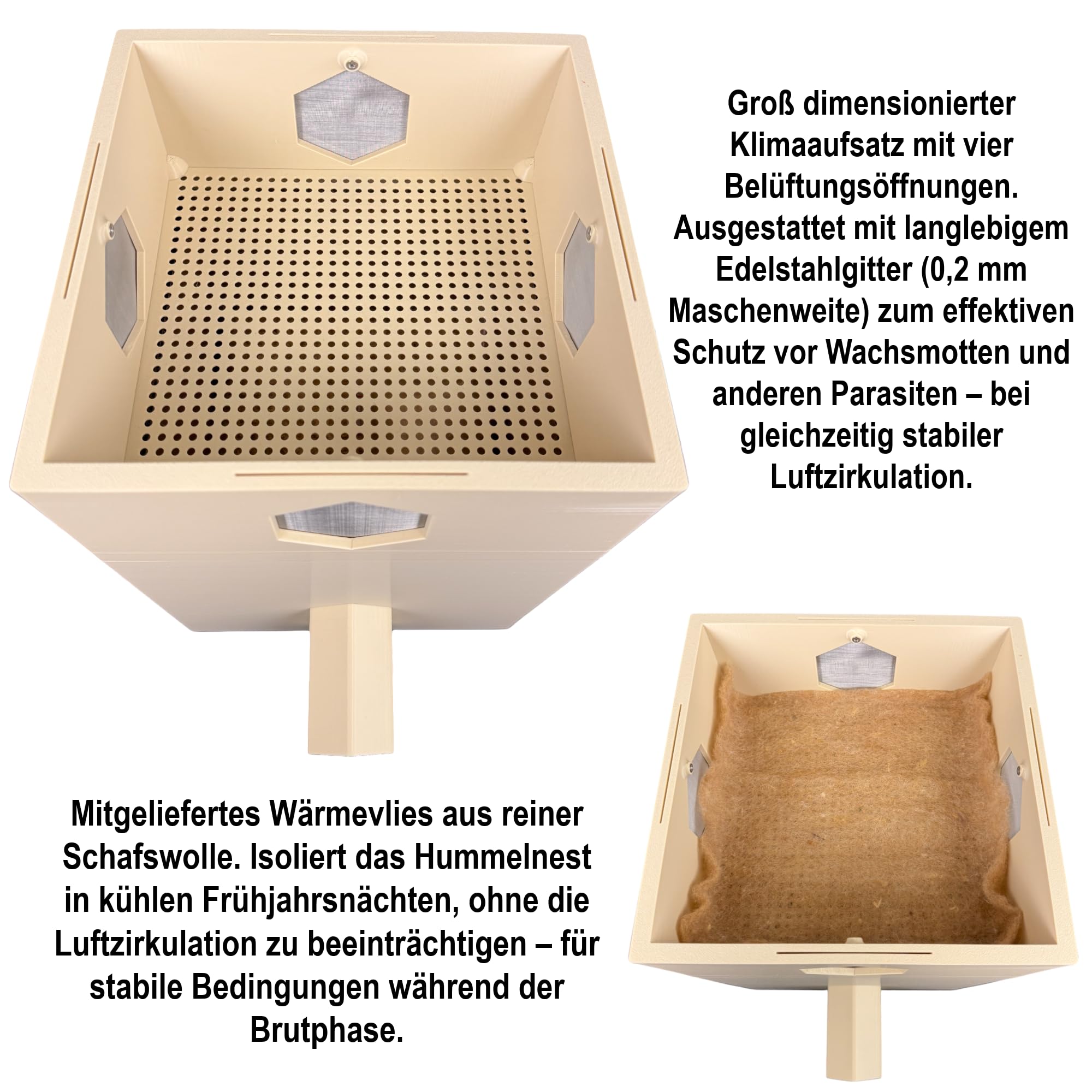Premium Hummelhaus mit Klimaaufsatz, inkl. Nistmaterial & Schafwoll-Wärmevlies – wetterfest & langlebig (Beige)