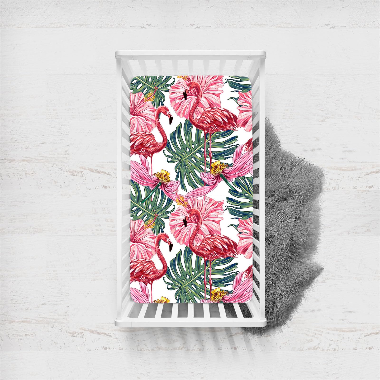 Odot Cot Bed Fitted Sheets, 3D Plants Flower Print Moses Basket Fitted Sheet Microfibre Crib Fitted Sheets Baby Bed Sheets Bassinet Sheets Cot Bed Mattress Protector (Pink Flamingo,80x160cm)