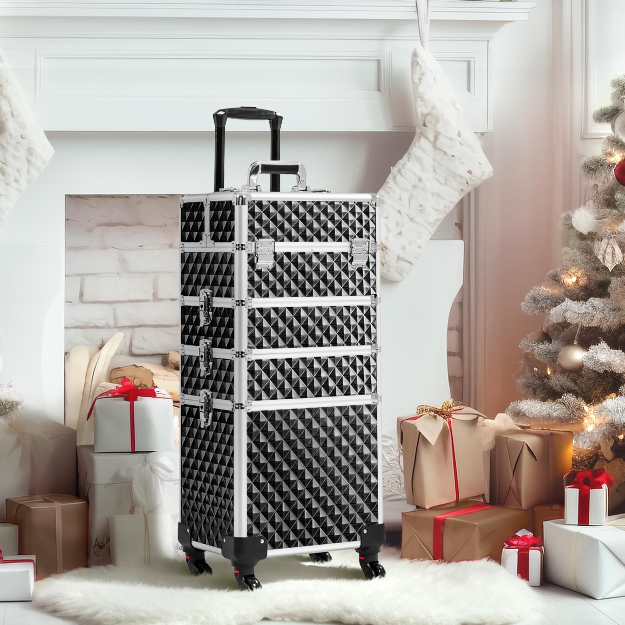 Yaheetech 4-in-1 Kosmetikkoffer, Trolley Schminkkoffer, Großer Make up Koffer, Abschließbar Multikoffer Friseurkoffer Beauty Case mit Rollen und Schublade, Glitzer Schwarz