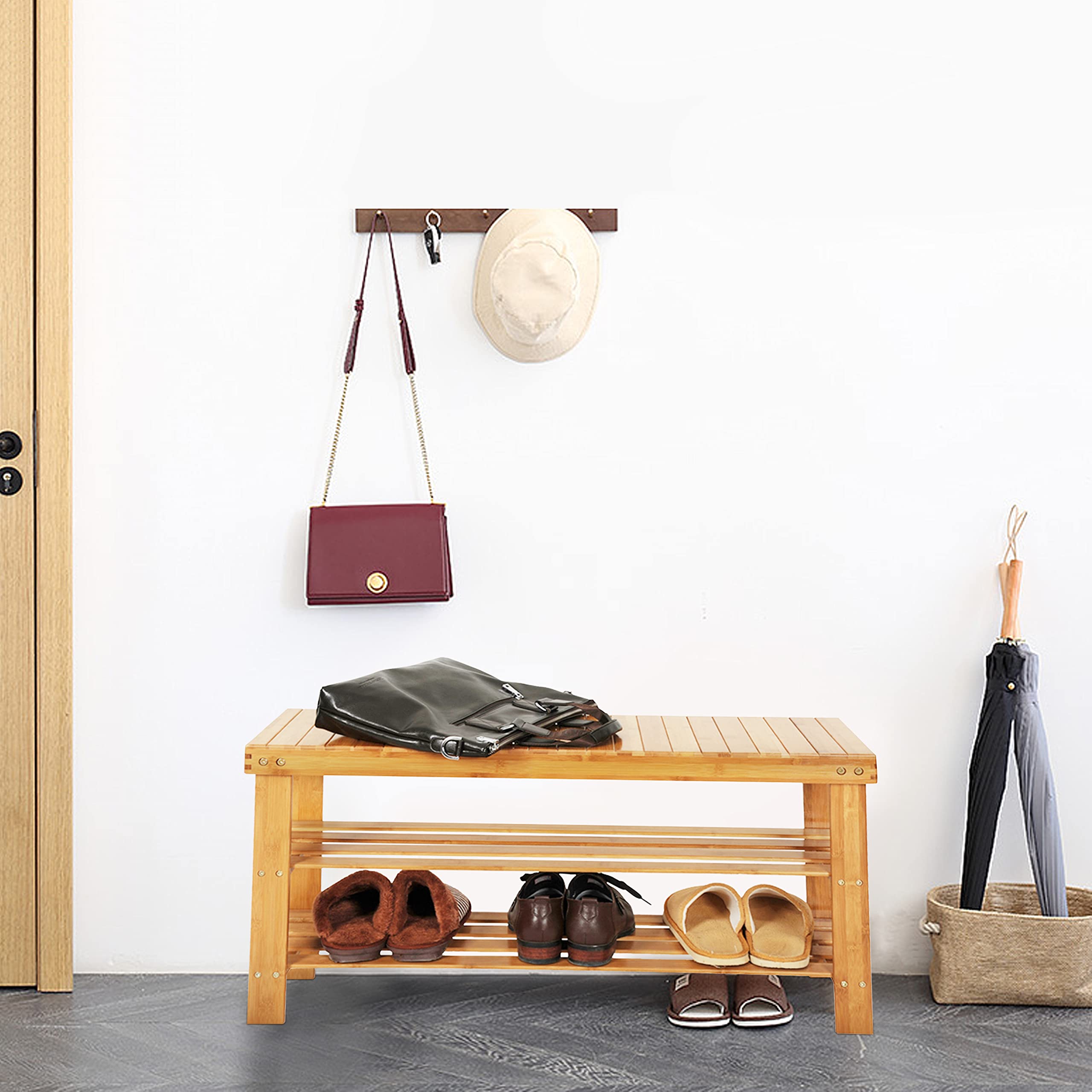 Knocbel 3-Tier Bamboo Shoe Bench 35.5 Inch Long Entryway Storage Rack Shoes Organizer (Natural Bamboo)