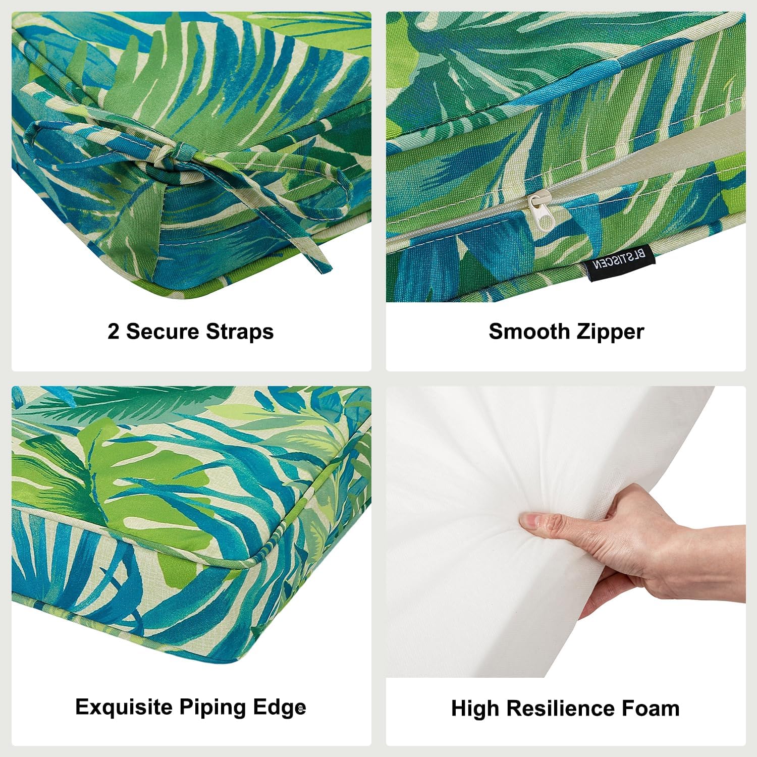 18x18x3 Inch Outdoor Square Corner Chair Cushions with Ties Set of 2, Water & Fade Resistant Thick Seat Cushion Pads for Garden Patio Dining Porch Furniture - Green Palm Leaves