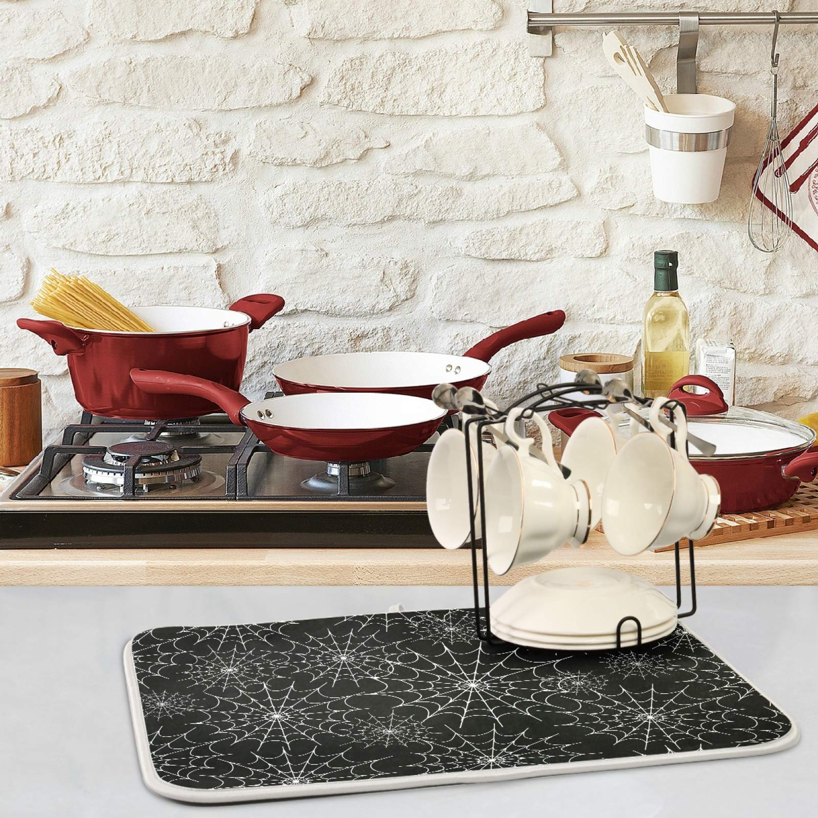 ZzWwR Halloween Spiders Web Black White Absorbent Dish Drying Mat Microfiber Kitchen Countertop Table Protector Multi-Purpose Counter Rack Sink Drainer Pad (16 x 18 Inches)