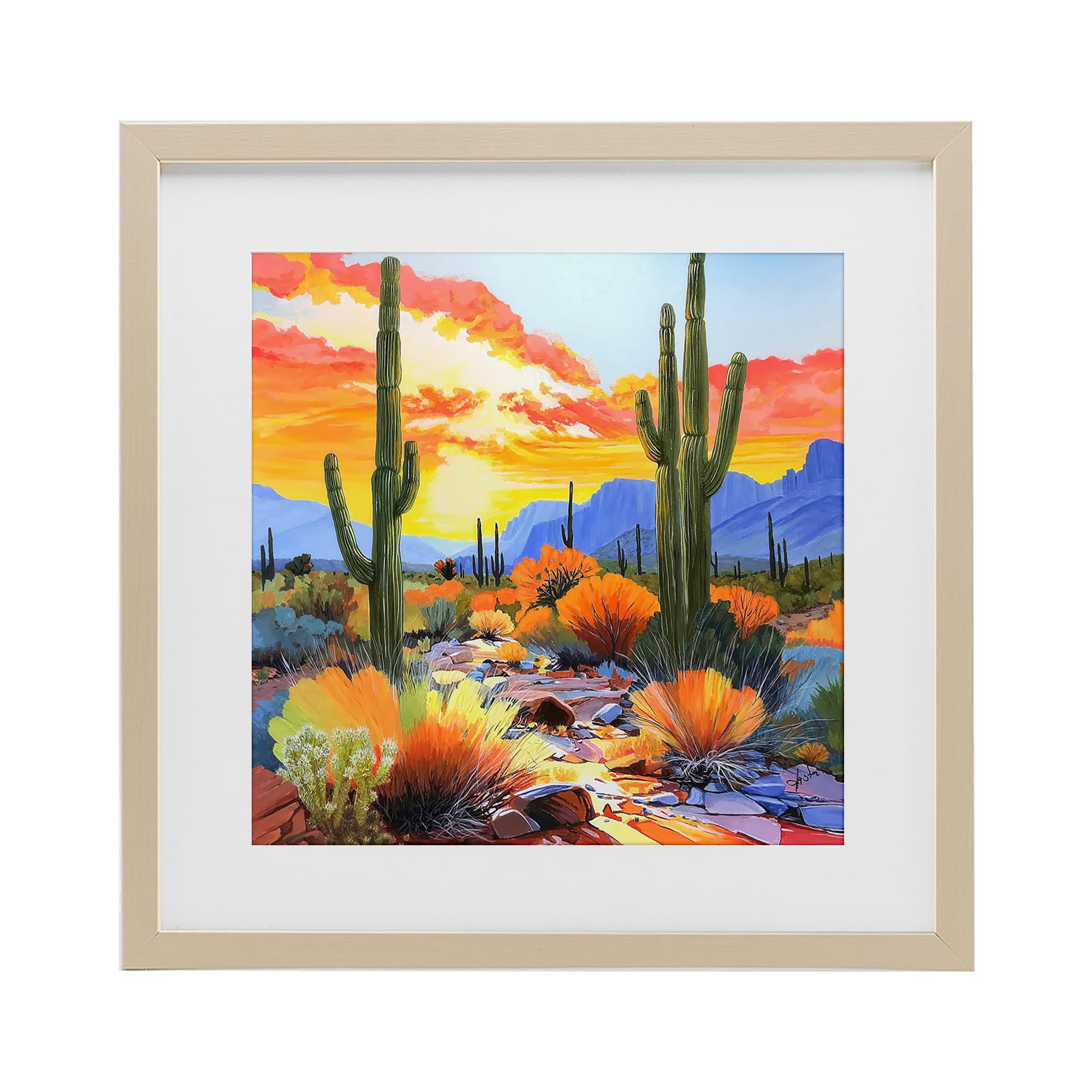 Stupell Industries Southwestern Sunset Cactus Landscape 'Desert Splendor Cacti', Framed Print Under Glass, Brown, 16 X 16 Inches, Easy To Hang And Sturdy, Made In Usa, By John Jaster