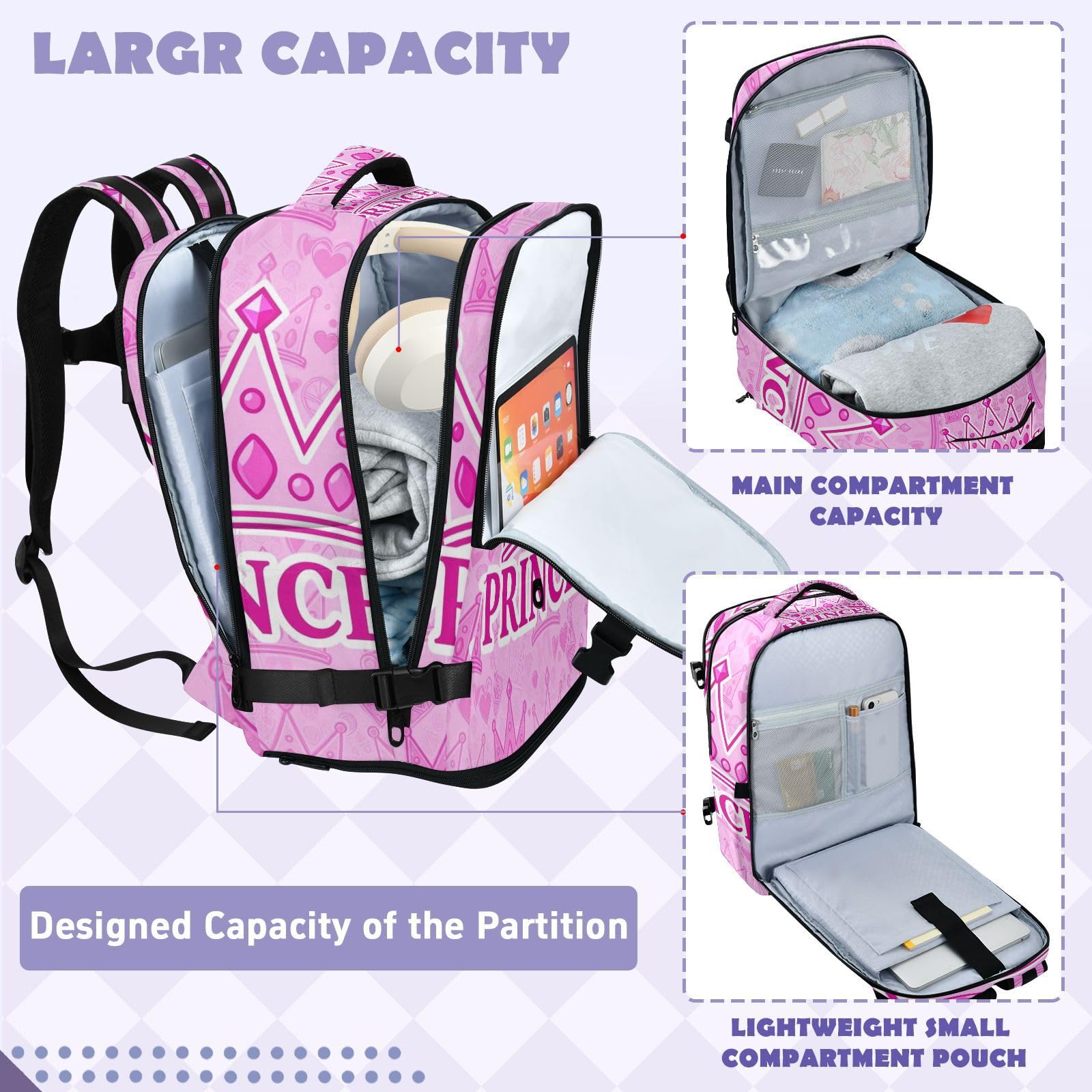 Plecak damski 15-calowa torba na laptopa do szkoły 20 l | Lekka torba do szkoły księżniczka i korona różowa torba na laptopa 16 cali do samolotów mochilas para viajes en avion 20L