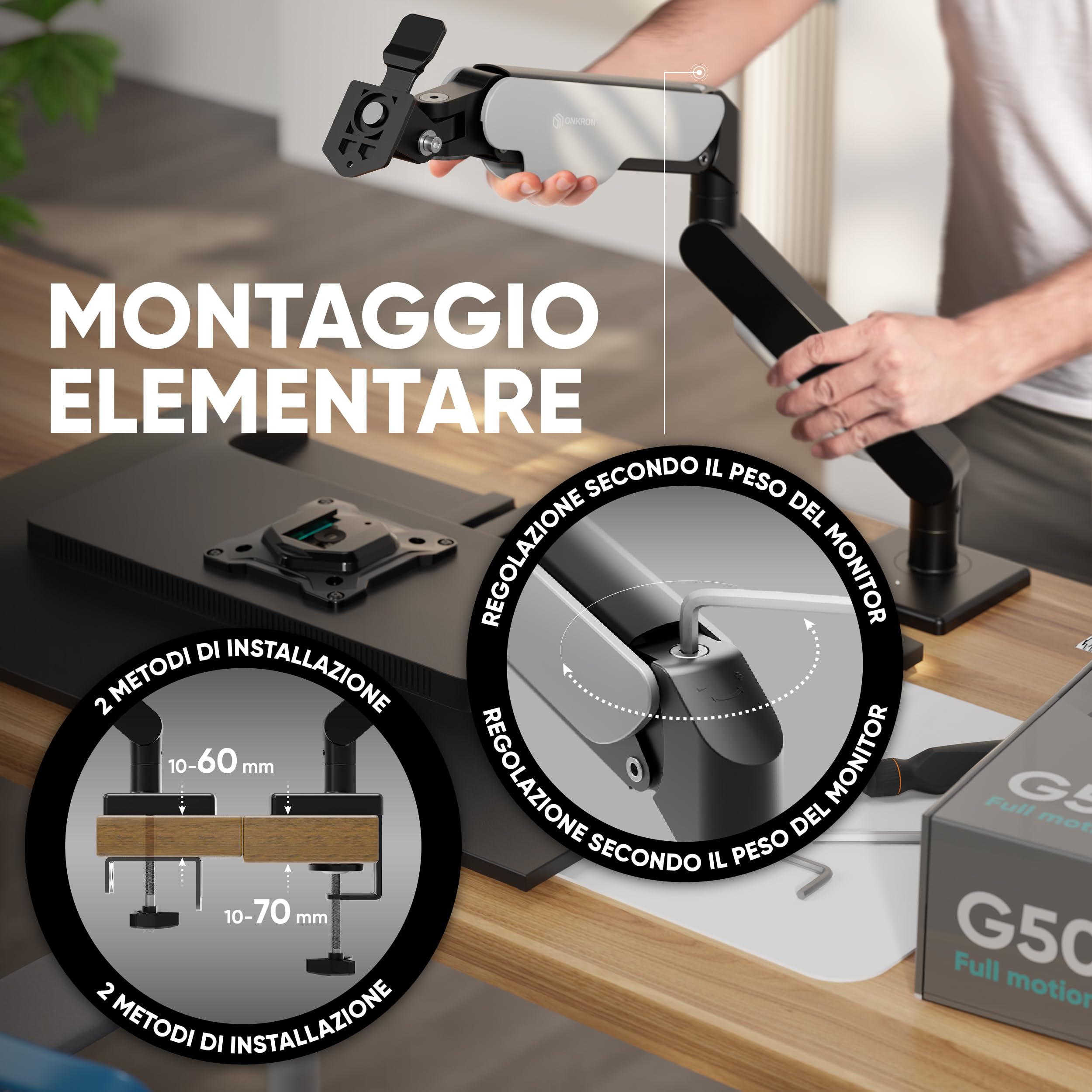ONKRON Supporto Monitor Scrivania 13-32 pollici, 2-9 kg, Braccio Monitor VESA 75x75-100x100, Supporto Schermo PC Snodabile, Porta Schermo PC da Scrivania Regolabile in Altezza, Universale, Nero G50-B
