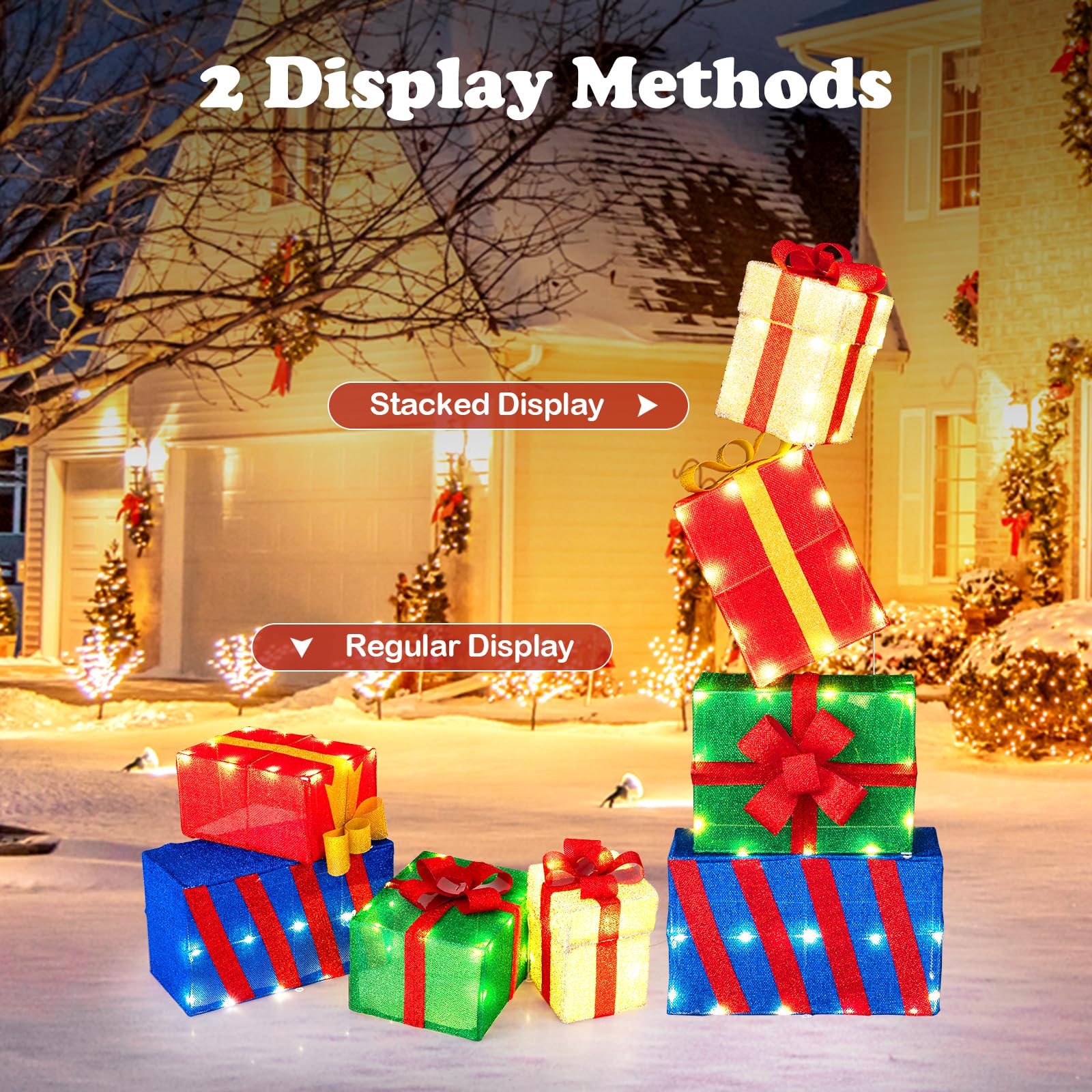 GYMAX Set di 4 Scatole Regalo a LED di Natale, Pacchi Regalo Decorativi con 51 Luci LED Caldi e Fiocchi, Combinazione Flessibile, Decorazione Natalizia Luminosa per Soggiorno, Giardino e Balcone