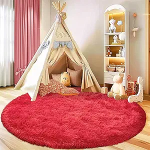 Round Fluffy Carpet 4FT Red - Super Soft Circle Rug for Kids & Nursery - Shaggy Fuzzy Plush Rug for Teens