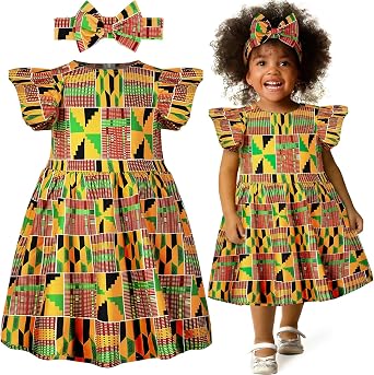 2 Pcs African Toddler Girl Dress Dashiki Dresses Headband Set African Print Clothing Casual Skirt Party Ankara