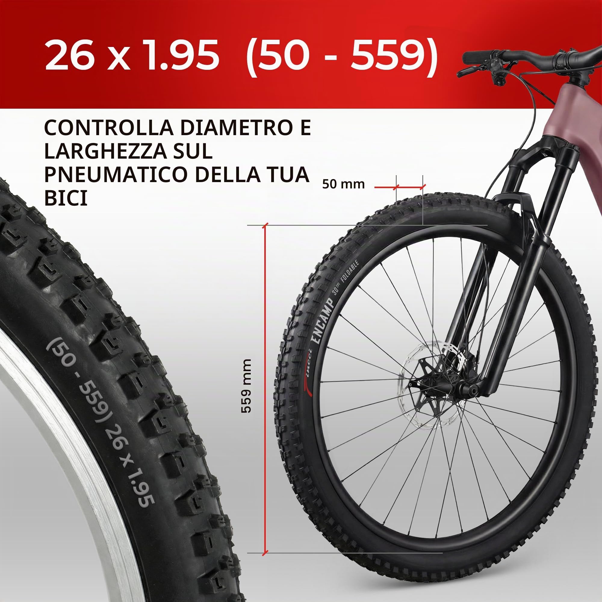 Fincci Copertone MTB 26x1.95 ETRTO 50-559 Pieghevole MTB per Fuoristrada | Pneumatico MTB Pieghevole 26x1.95, ETRTO 50-559 - Per Mountain Bike, Fuoristrada MTB, Bicicletta Ibrida e Uso Quotidiano