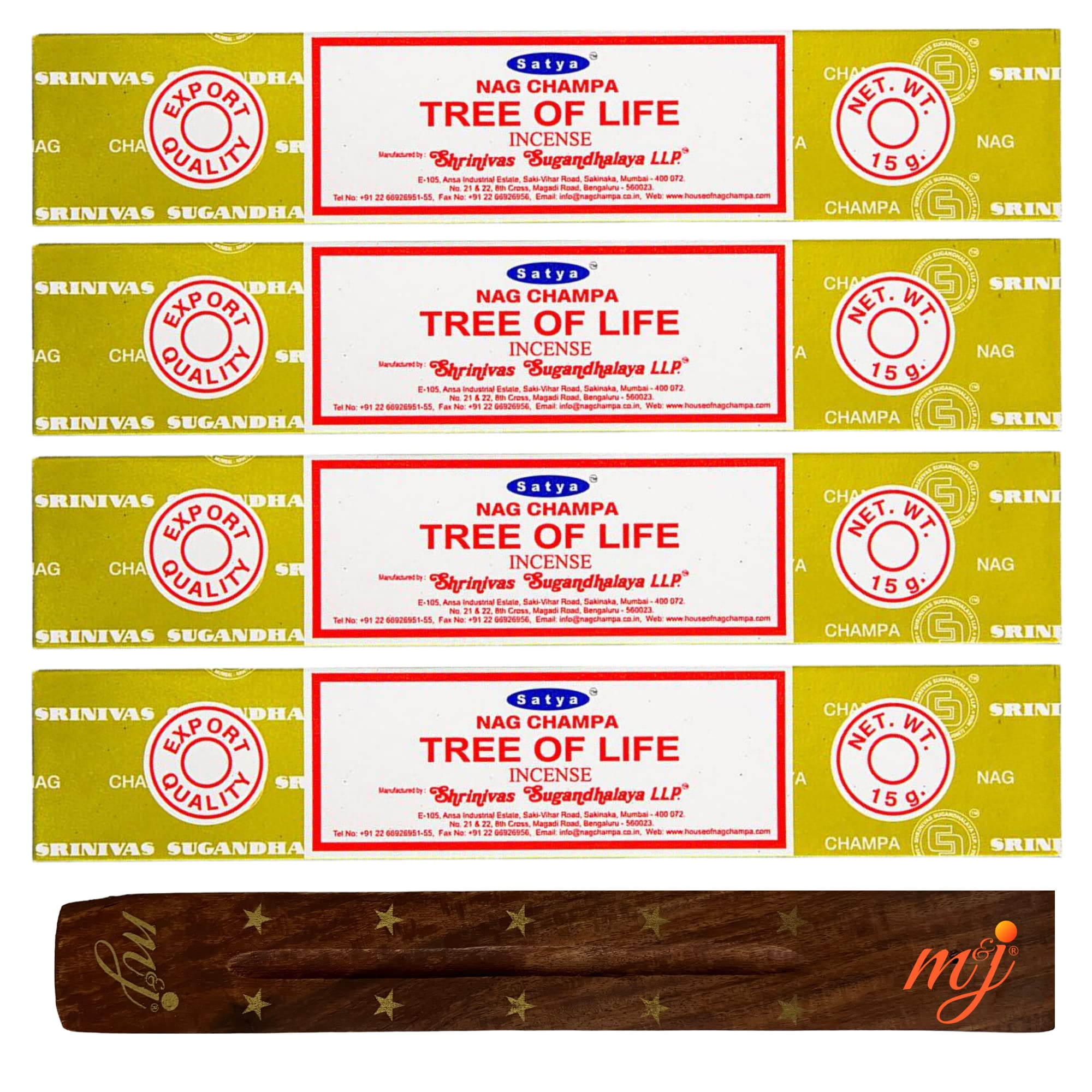 Original Satya Nag Champa Tree Of Life Incense Sticks | with M&J incense sticks holder | x4 pack | for Aromatherapy, Spa, Yoga, Weddings, Meditation, Healing, Positivity and Relaxation — image 1