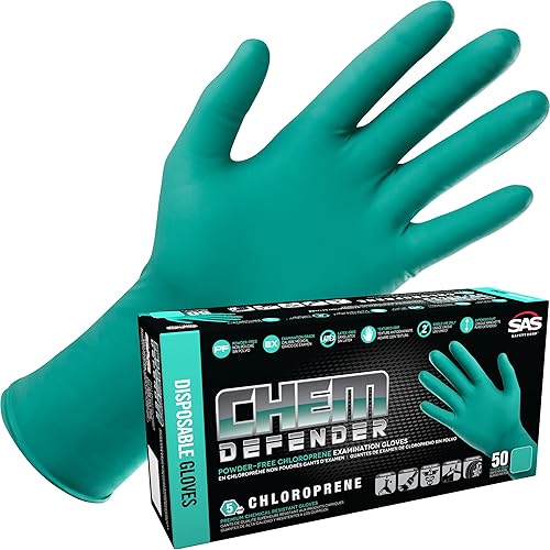 SAS ChemDefender - Guantes desechables de cloropreno sin polvo, 5 mil, grandes, resistentes a productos químicos, puntas de los dedos texturizadas,