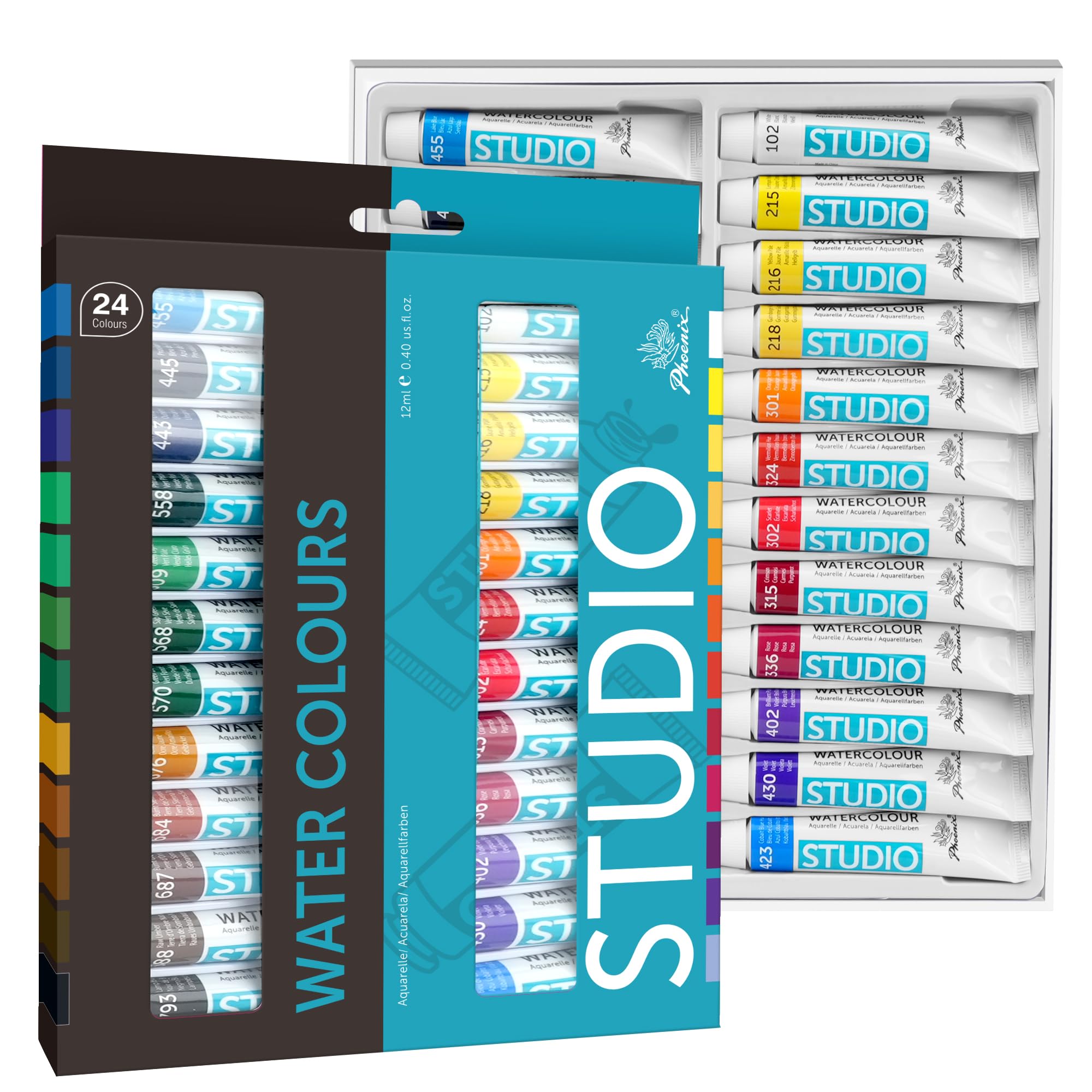 PHOENIX Watercolor Paint Tubes Set - 24 x 12ml / 0.4 Fl Oz Non-toxic Water Color Paint Adult Set, Watercolors Painting Supplies Art Paints for