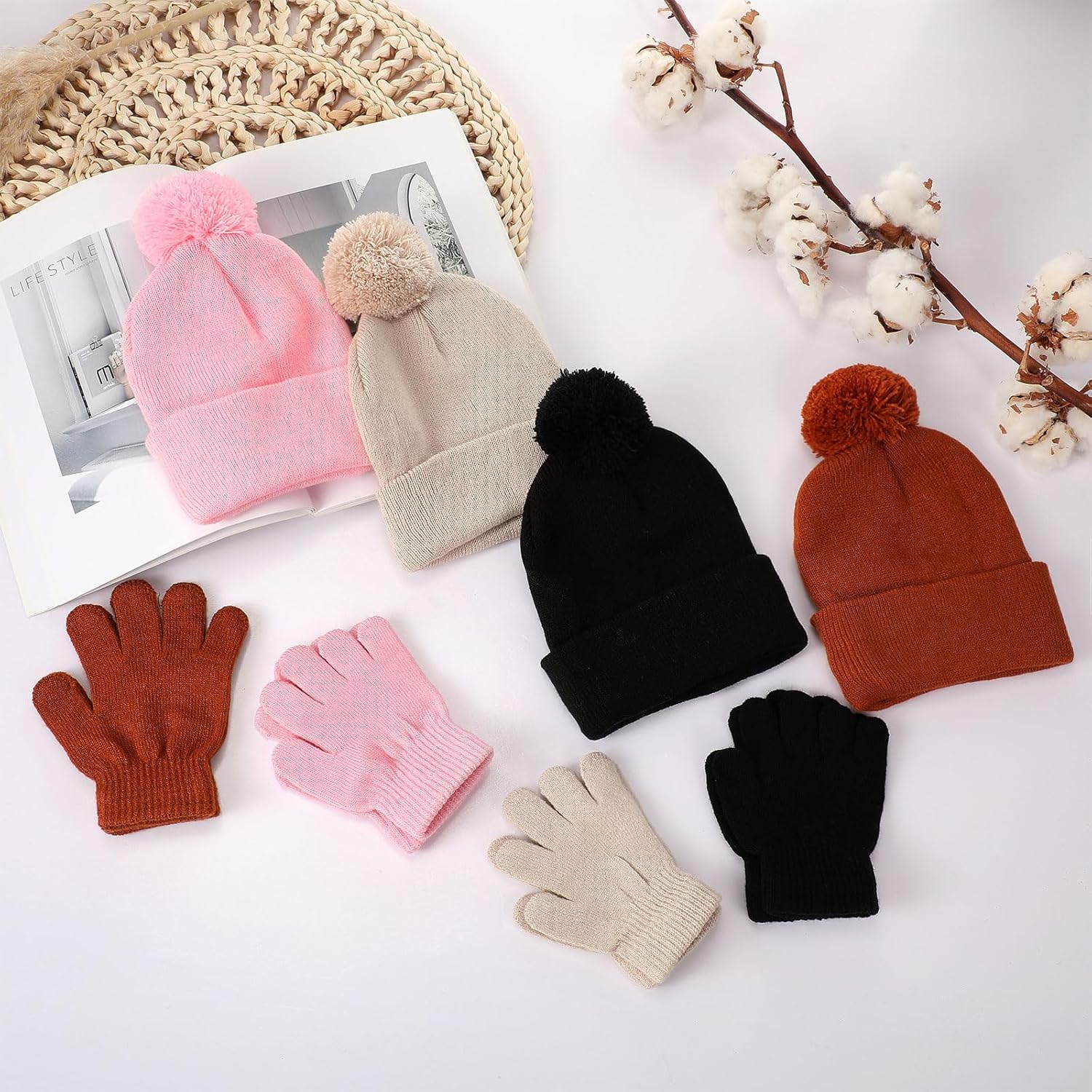 Berlune 4 Sets Kids Beanie Winter Hats and Gloves Set Kids Knitted Beanies with Faux Fur Pom Poms Warm Gloves for Boys Girls - Image 4