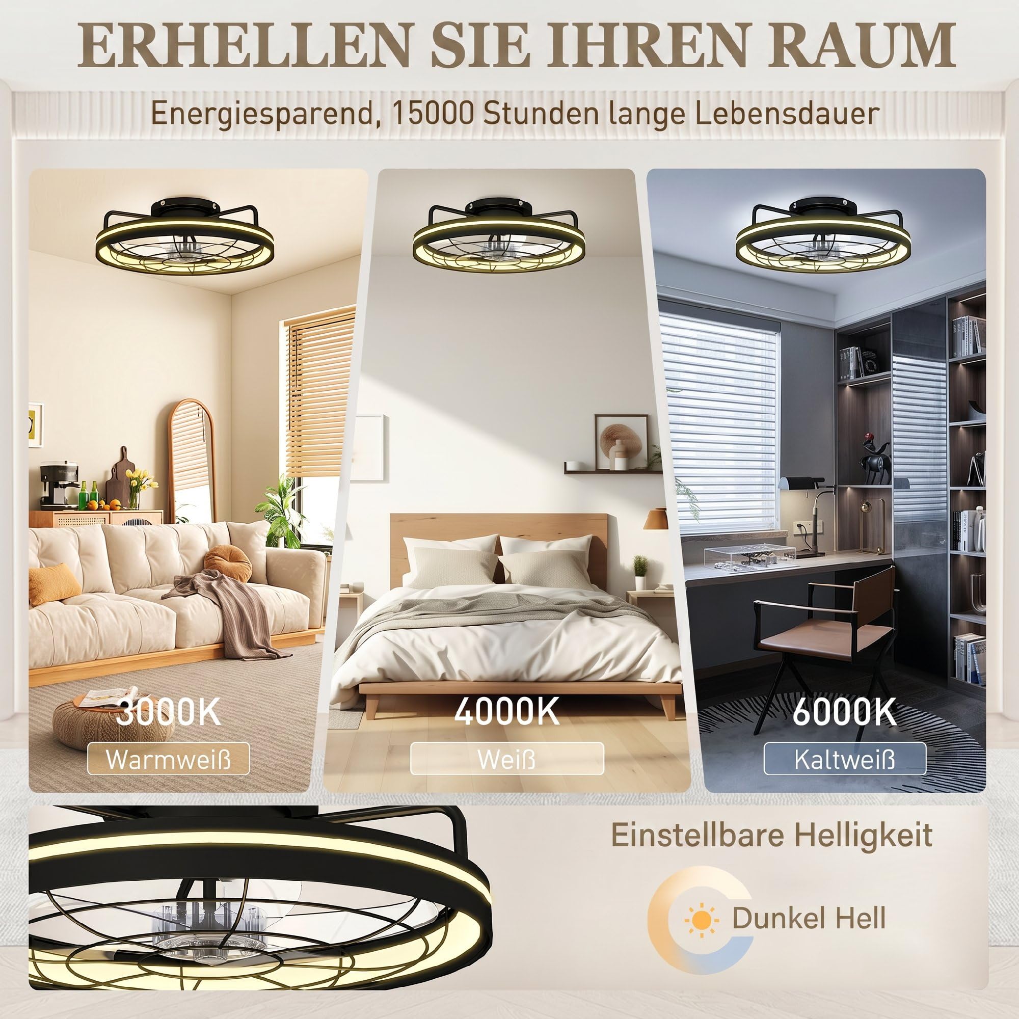 HOMCOM Deckenventilator mit Beleuchtung, Fernbedienung, Ø48 cm, 40 W LED Deckenleuchte mit Ventilator, 3 Lichtfarben, Timer, 6 Geschwindigkeiten, dimmbar, leiser DC Motor, Lampenschirm Schwarz