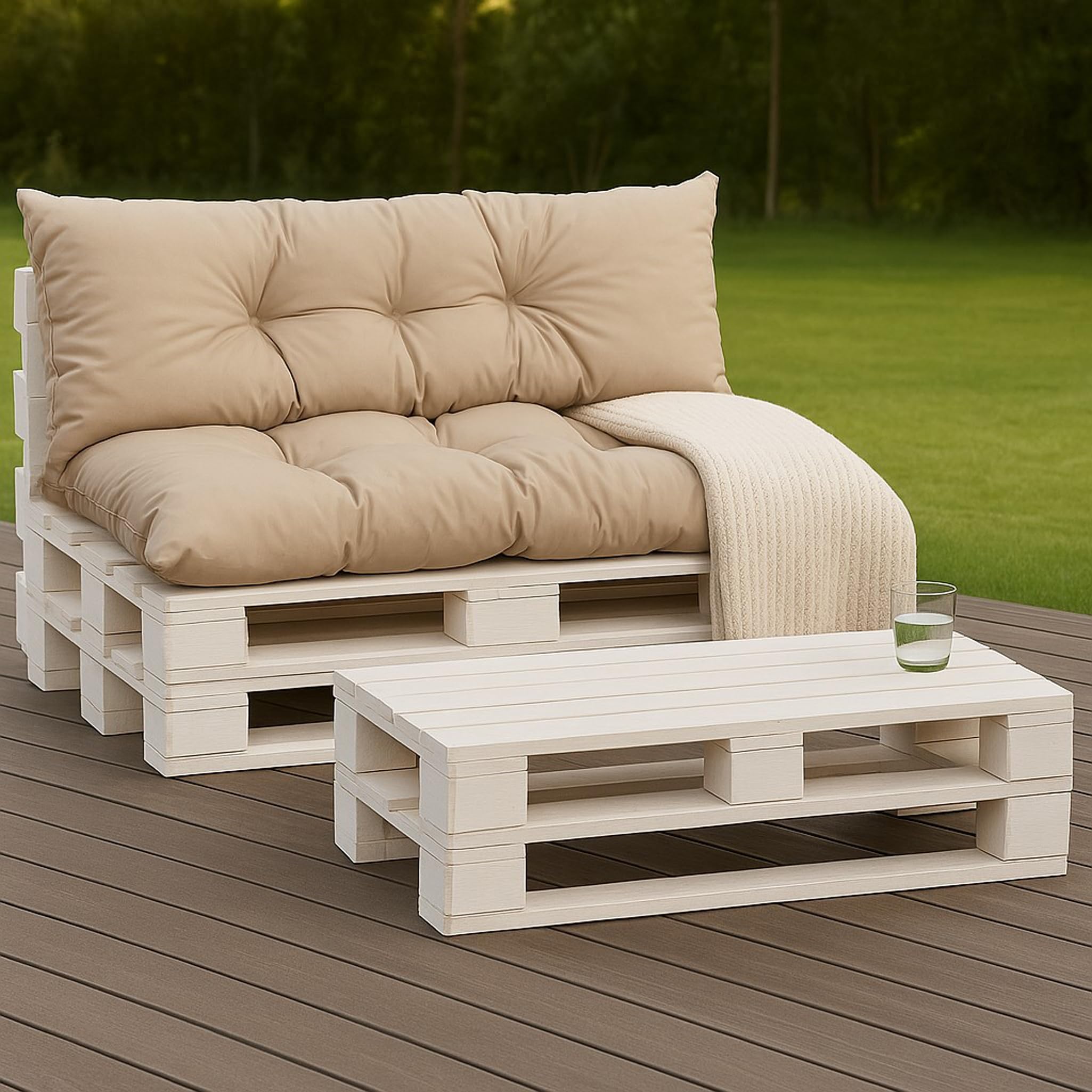 Juego de cojines para muebles de jardín, de palés, para exteriores, respaldo y asiento, muchos colores y tamaños (beis, juego de 120 x 60 + cojines de respaldo de 120 x 40 cm)