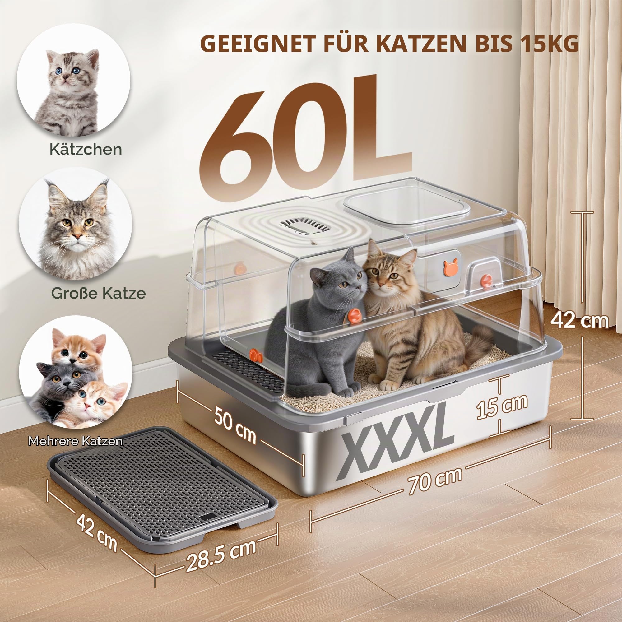 Edelstahl Katzenklo mit Deckel XXXL, 70 x 50 x 42cm, Dunkelgrau