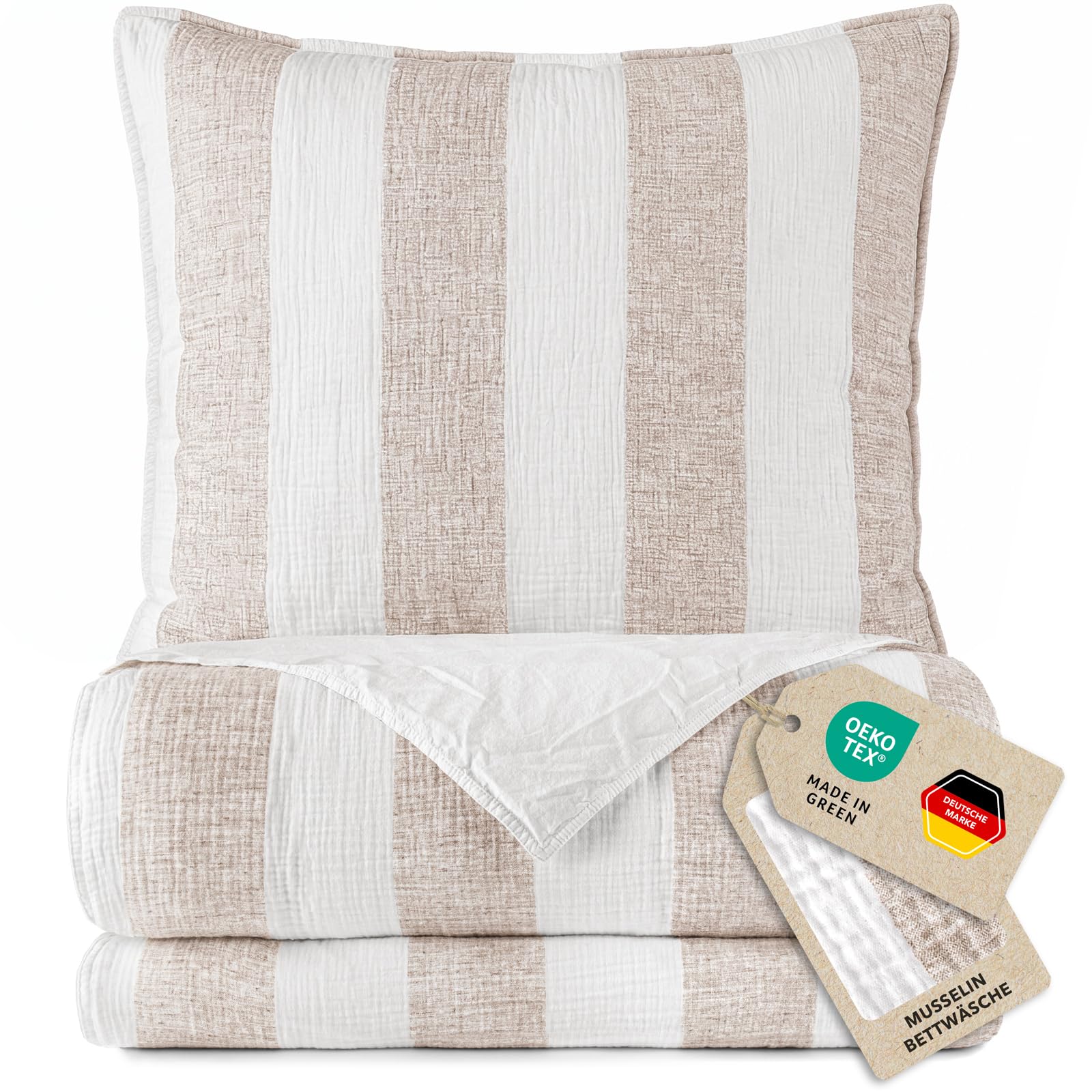 Pure Label Musselin Bettwäsche 135x200 Baumwolle, gestreiftes Bettwäsche Set Beige mit Kissenbezug 80x80, anschmiegsame Baumwoll-Rückseite - 1