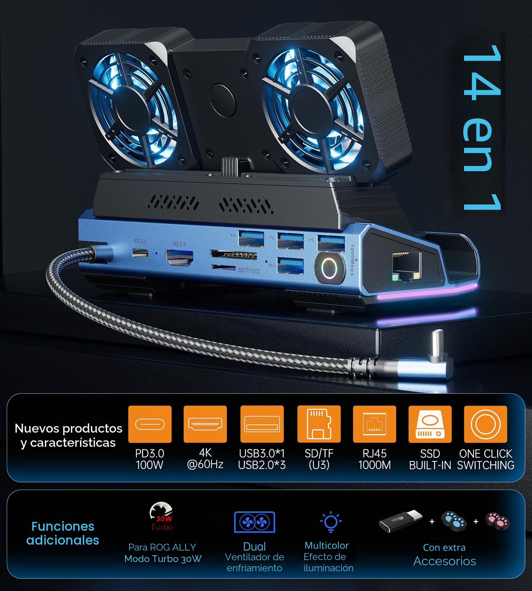 Estación de Acoplamiento de Cubierta 14 en 1 Que desmonta Ventiladores de Vapor con Carcasa M.2 NVMe, 4K a 60Hz, Ethernet de 1000 Mbs, SD/TF, 4 USB A, Carga PD de 100 W, Adaptador de 40 Gbps