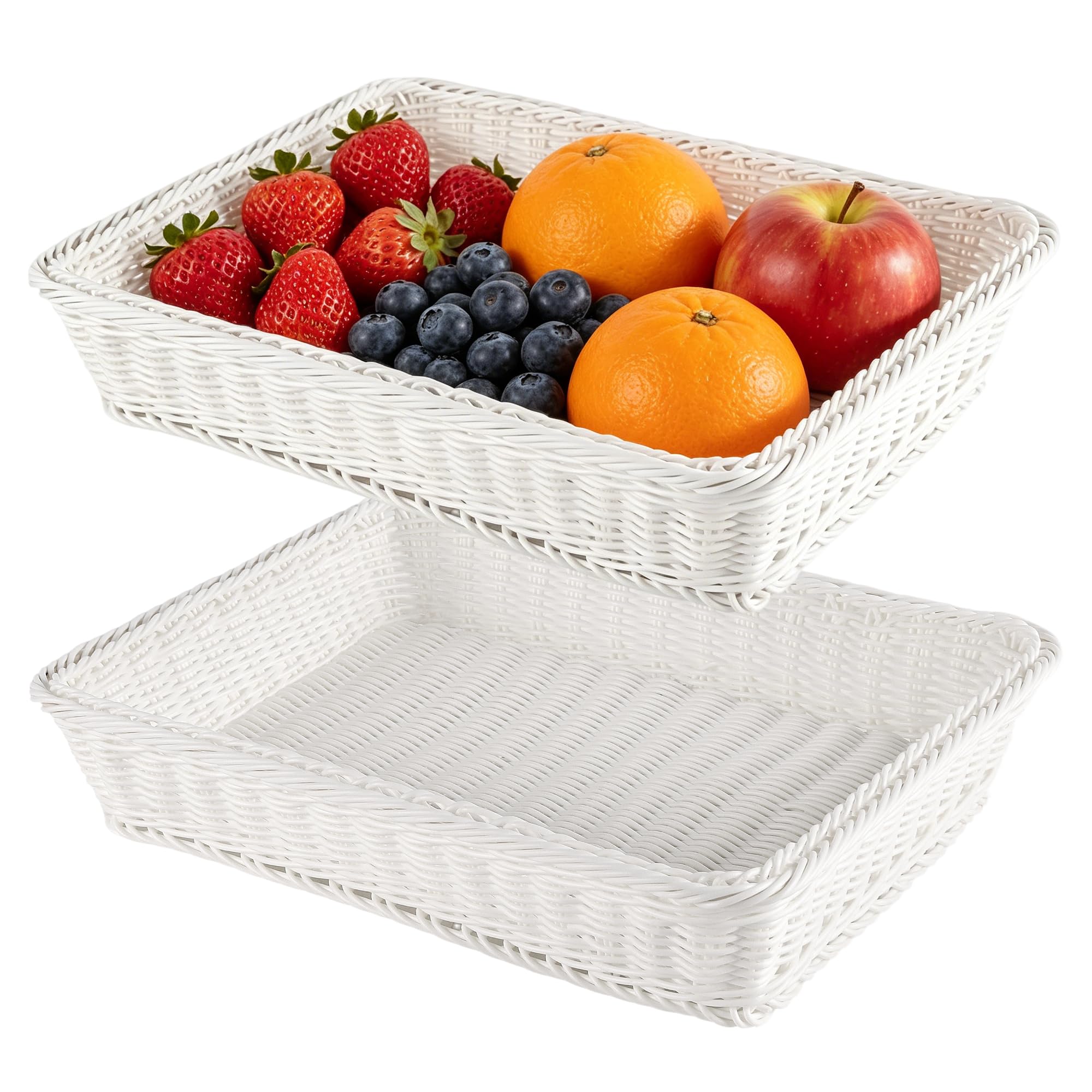 MOUYAT 2 Pack Wicker Bread Basket, 40x30x8 cm Rectangular Food Serving Basket, White Plastic Wicker Baskets for Serving, Display, Vegetables, Home Kitchen, Restaurant