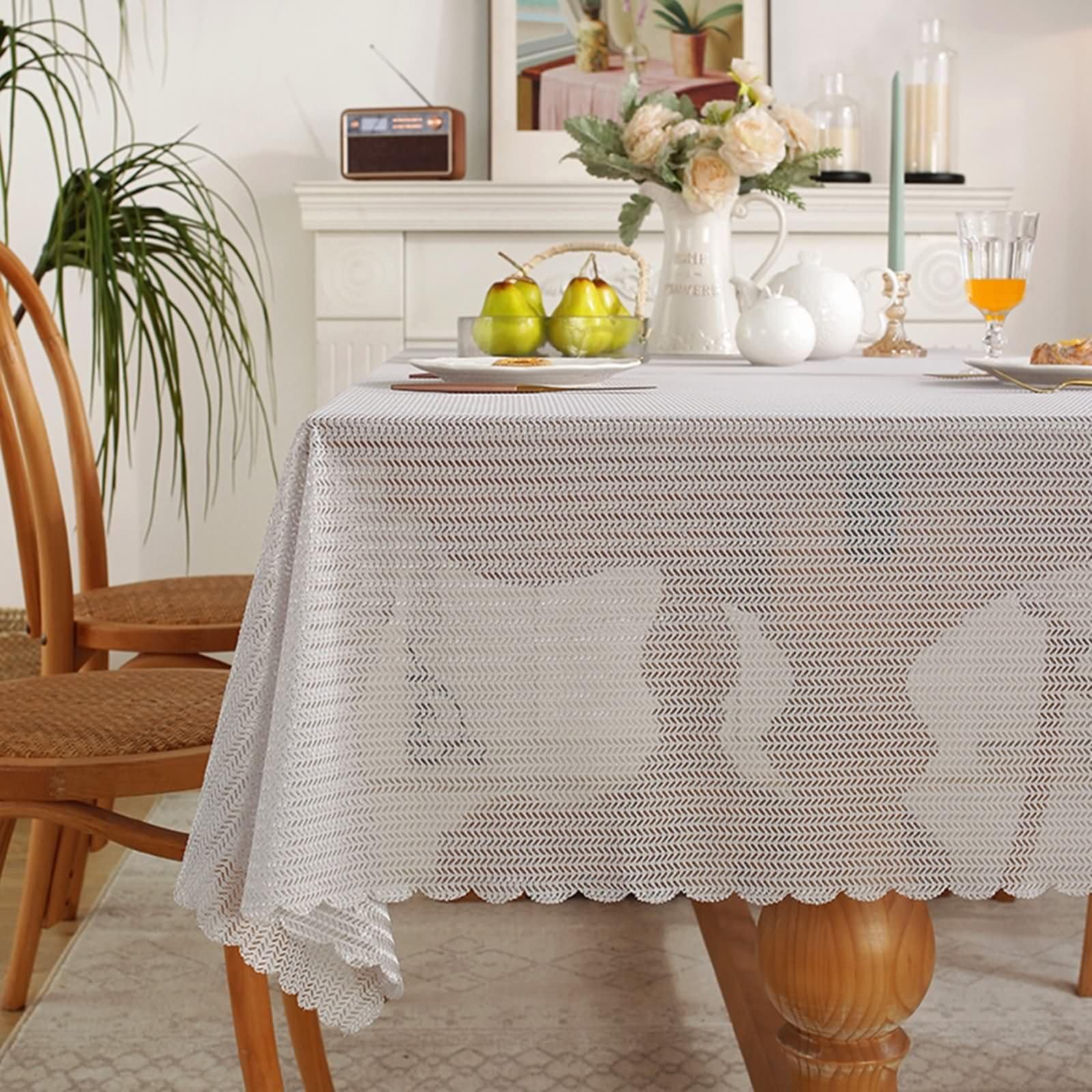 Mantel Mesa Exterior Rectangulares Rayas Onduladas Hueca Mantel para Mesa Chenilla Plata Gris,140x240CM