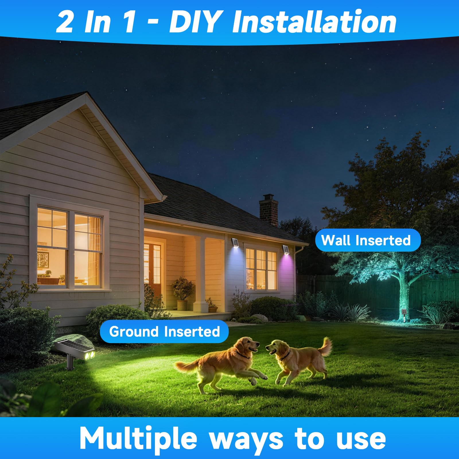 Foco solar RGB: 2 en 1 luces solares para exteriores con 8 modos de iluminación y columna guía de luz de PC para árbol, jardín, patio, camino, luces de paisaje que cambian de color RGB | IP65