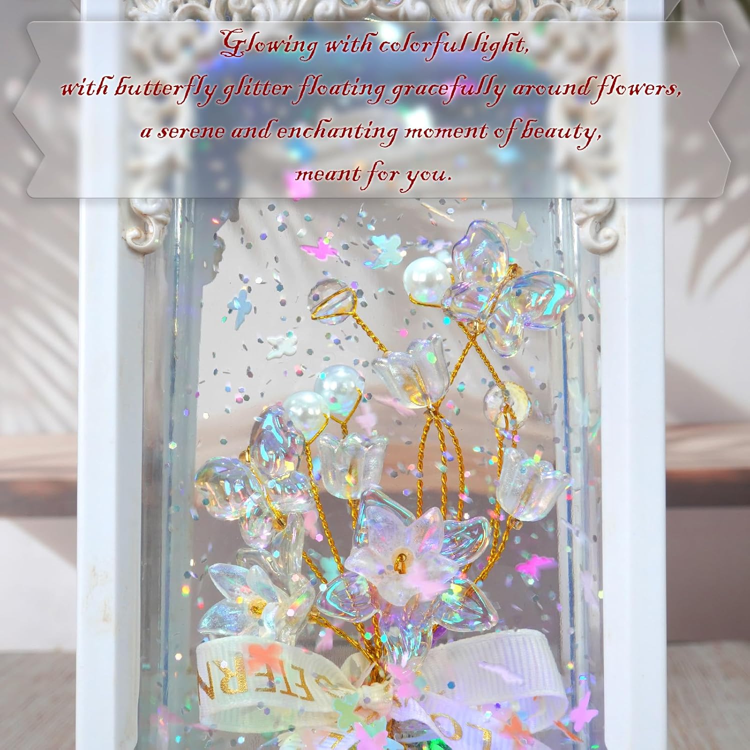 Crystal Butterfly & Flower Snow Globe Lantern with Music & 6H Timer, Spring Snow Globe RGB Lights with Swirling Glitter, USB & 3AA Battery Operated Glitter Globe Lamp, Gifts for Women Home Decoration