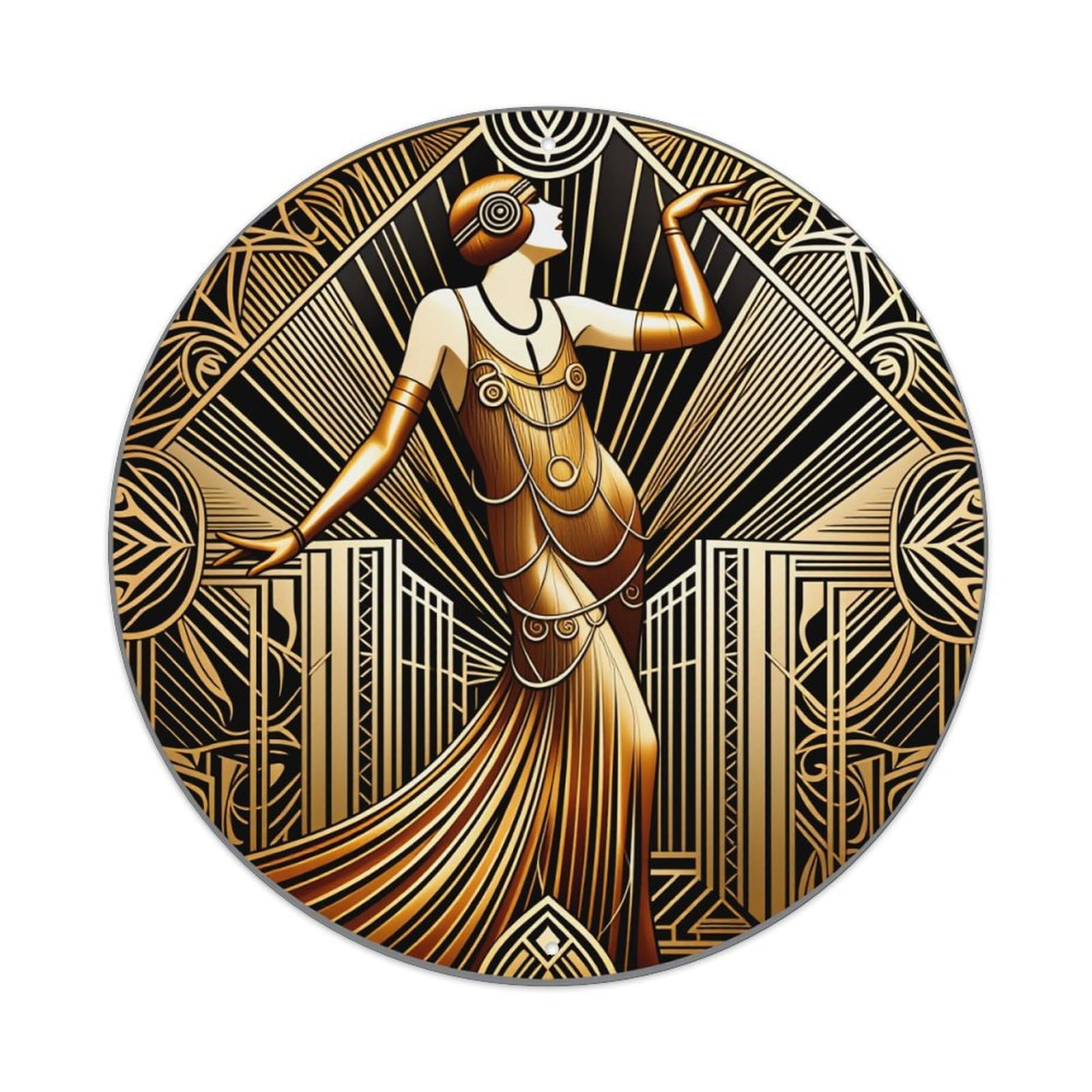 Art Deco Woman Pattern Print Round Tin Sign Vintage Metal Poster Retro Bar, Home, Man Cave, Kitchen, Laundry Room Wall Art Decor Gift 8x8Inch