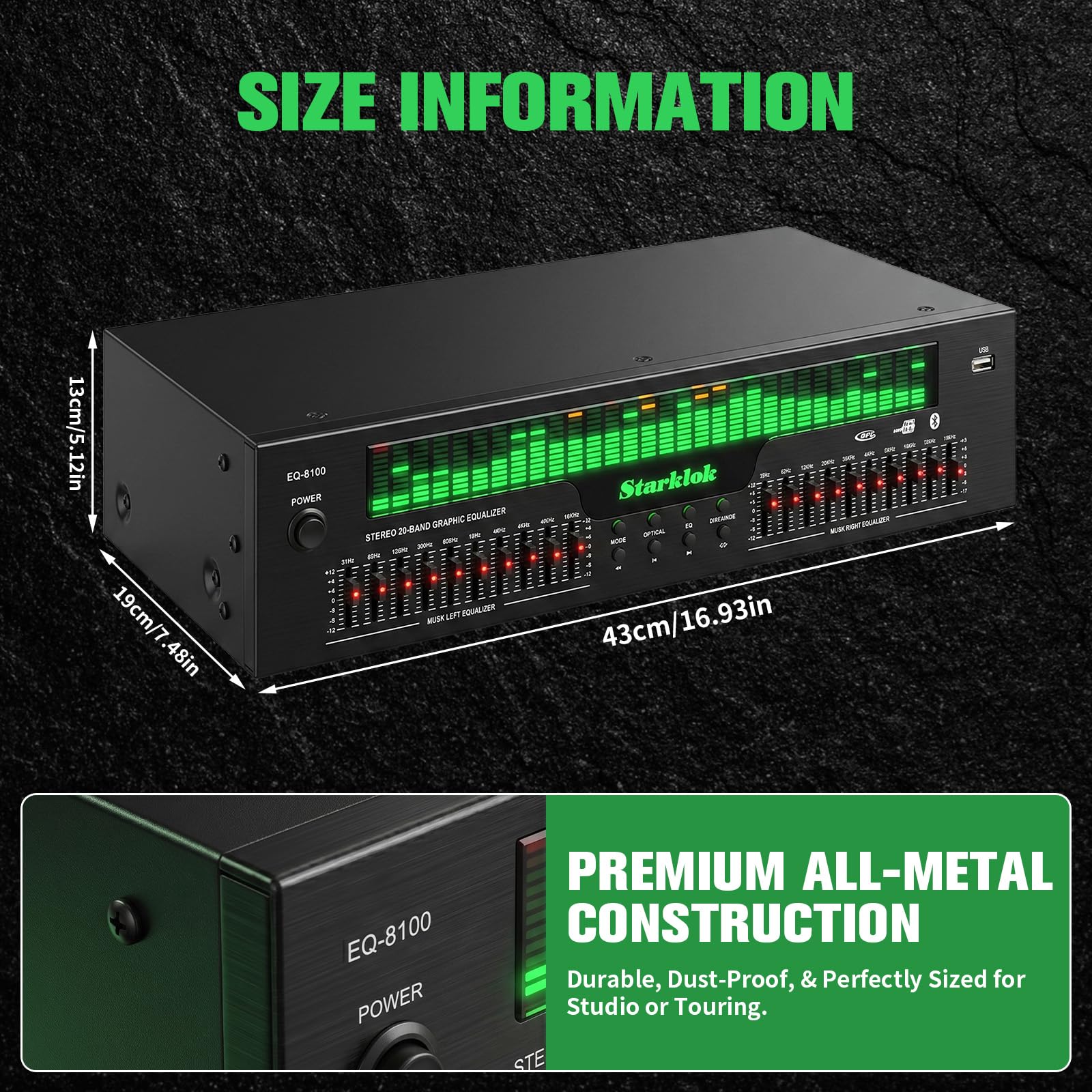 31 Band Digitaler Equalizer, Stereo Graphic Equalizer mit 12 visuellen Rhythmus-Modi, Soundprozessor mit Bluetooth, USB, Optischem/Koaxialem Eingang für Aufnahmestudio Musikdarbietung