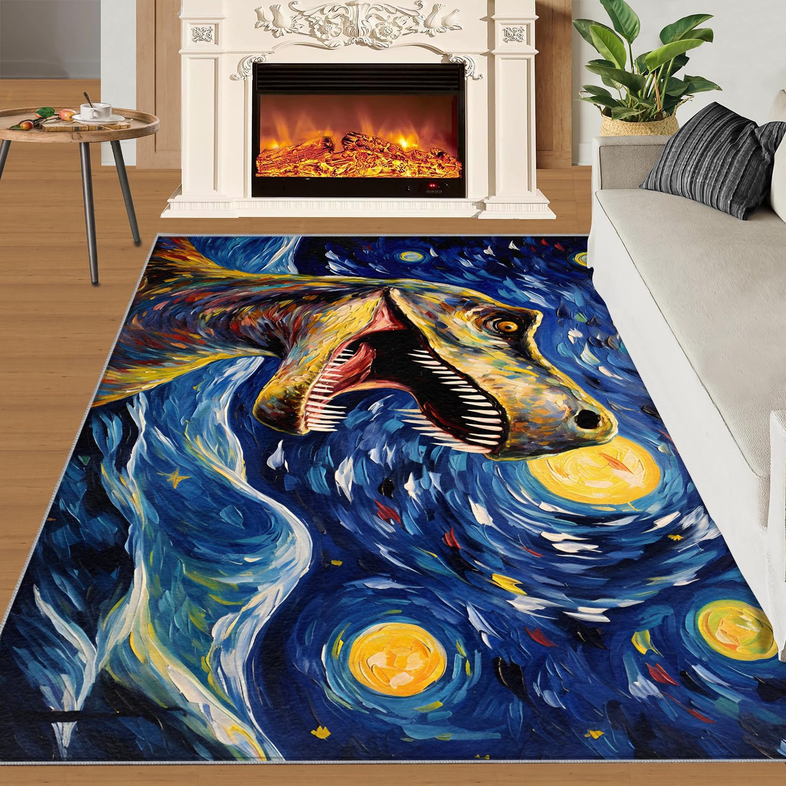 SANSJI Starry Sky Dinosaurs Rugs living Room - 200 x 290, Impressionism Rugs for Bedroom, Stain Resistant Washable Non Slip, Ancient Dino Theme, Blue Animals Design, Soft Low Pile Rectangle Carpet