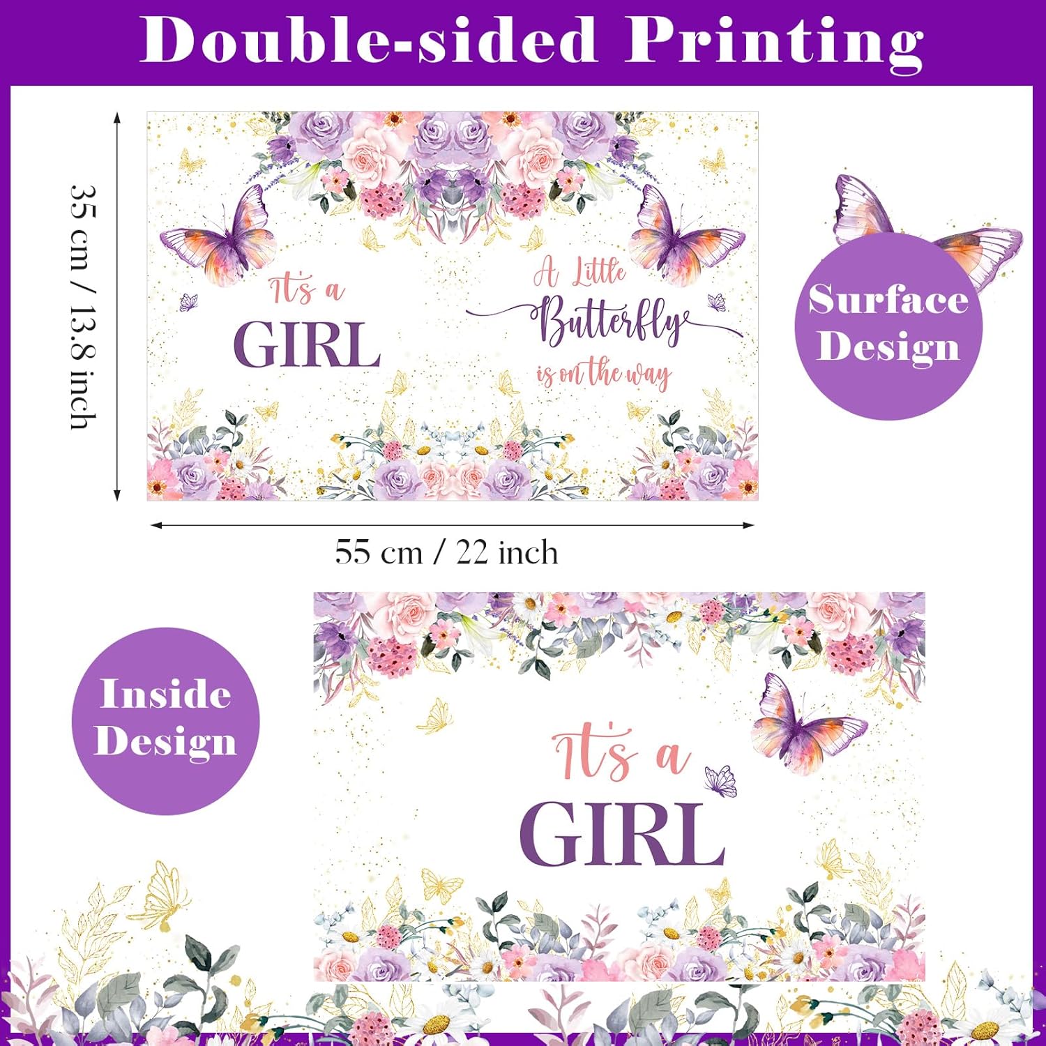 Giant It's a Girl Greeting Card 22 x 14 inch A Little Butterfly is On The Way Baby Shower Decorations Floral Large Pink Purple Jumbo Baby Shower Greeting Card for Girl Gender Reveal Party Decor - Image 3