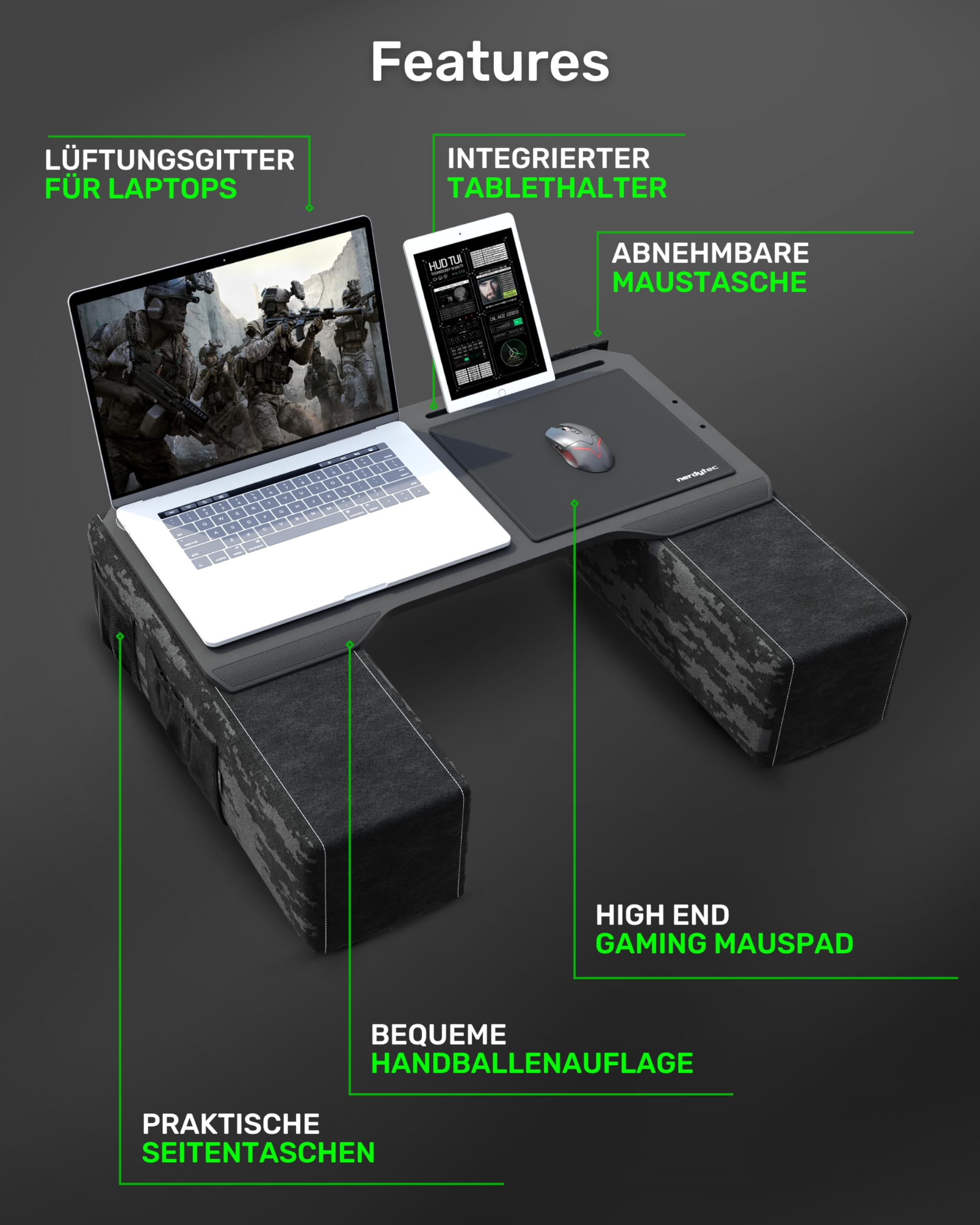 Couchmaster CYBOT, ergonomischer Laptoptisch für Couch, Sofa und Bett, extra breiter Laptop Tisch für Notebooks oder Wireless Peripherie