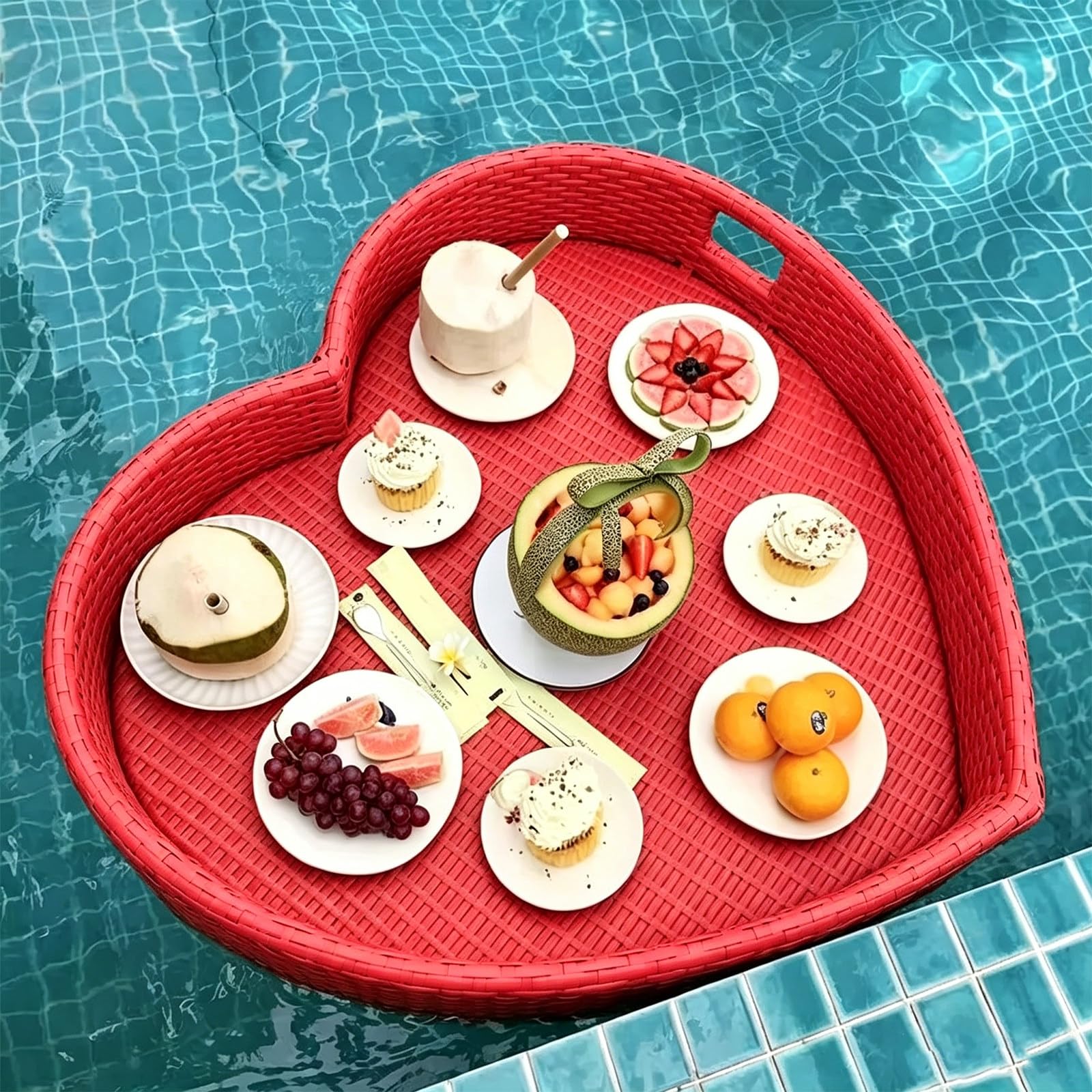 Floating Tray for Pool – Heavy-Duty Floating Pool Tray for Food and Drinks, Spill-Proof Floating Drink Holder for Pool, Swim Up Bars for Pool, Adult Swimming Accessory heart-red