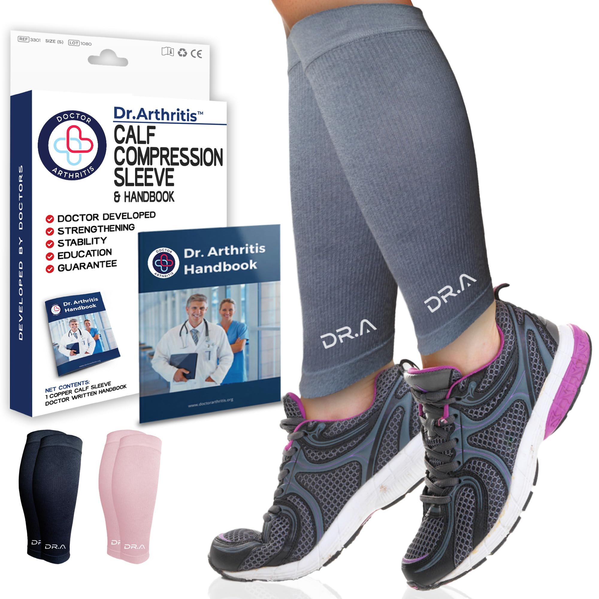 Dr. Arthritis Doctor Developed Calf Compression Sleeve Men and Women - Leg Compression Sleeve for Leg Pain Relief, Muscle Recovery, Shin Splint (Large, Grey, 1 Pair)