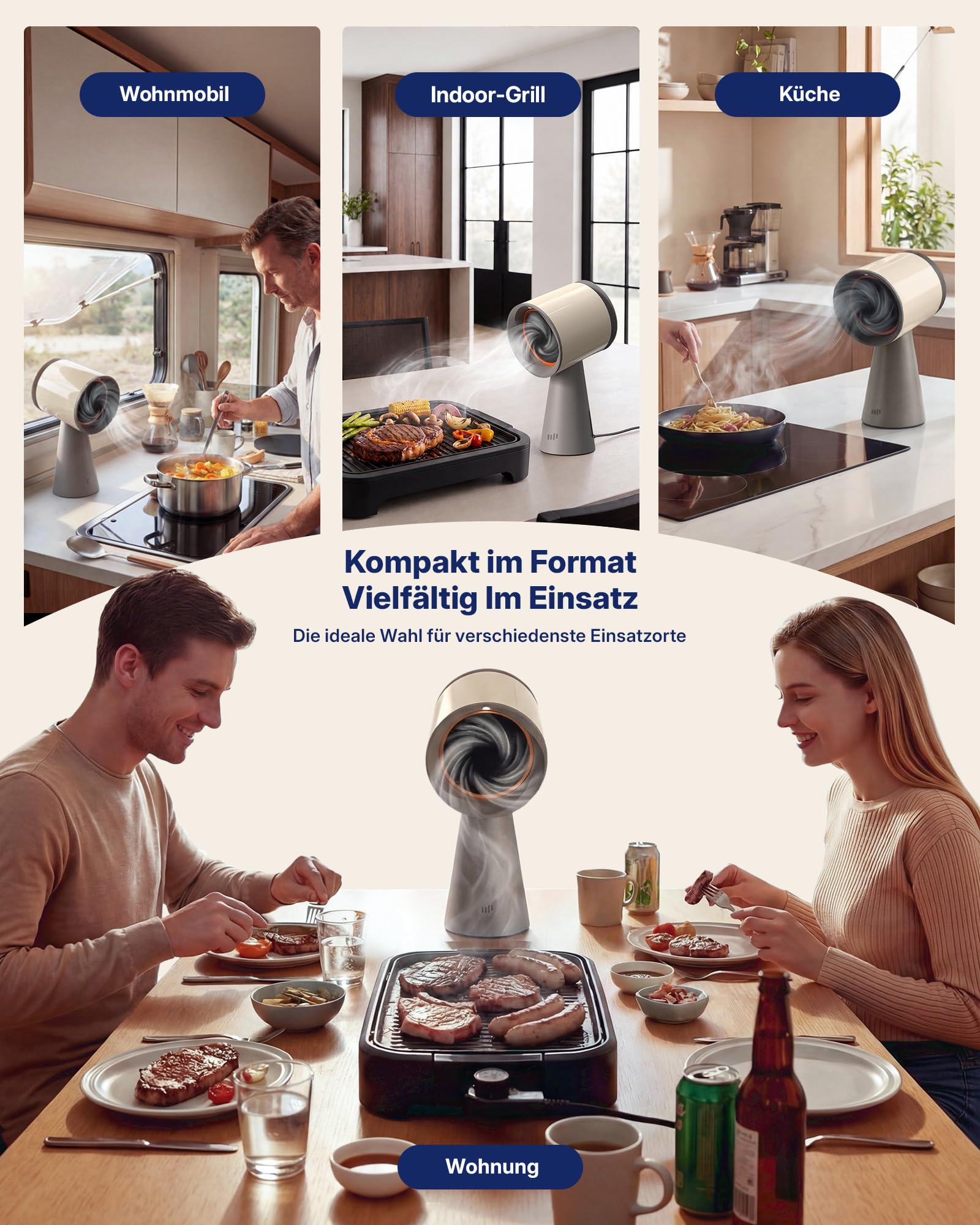 Upstreman Mini Dunstabzugshaube,Tragbare Abzugshaube mit 3 Geschwindigkeiten,Mobile Abzugshaube mit Austauschbarem Filter,für Steak Grillen BBQ Hot Pot Beige-HD06
