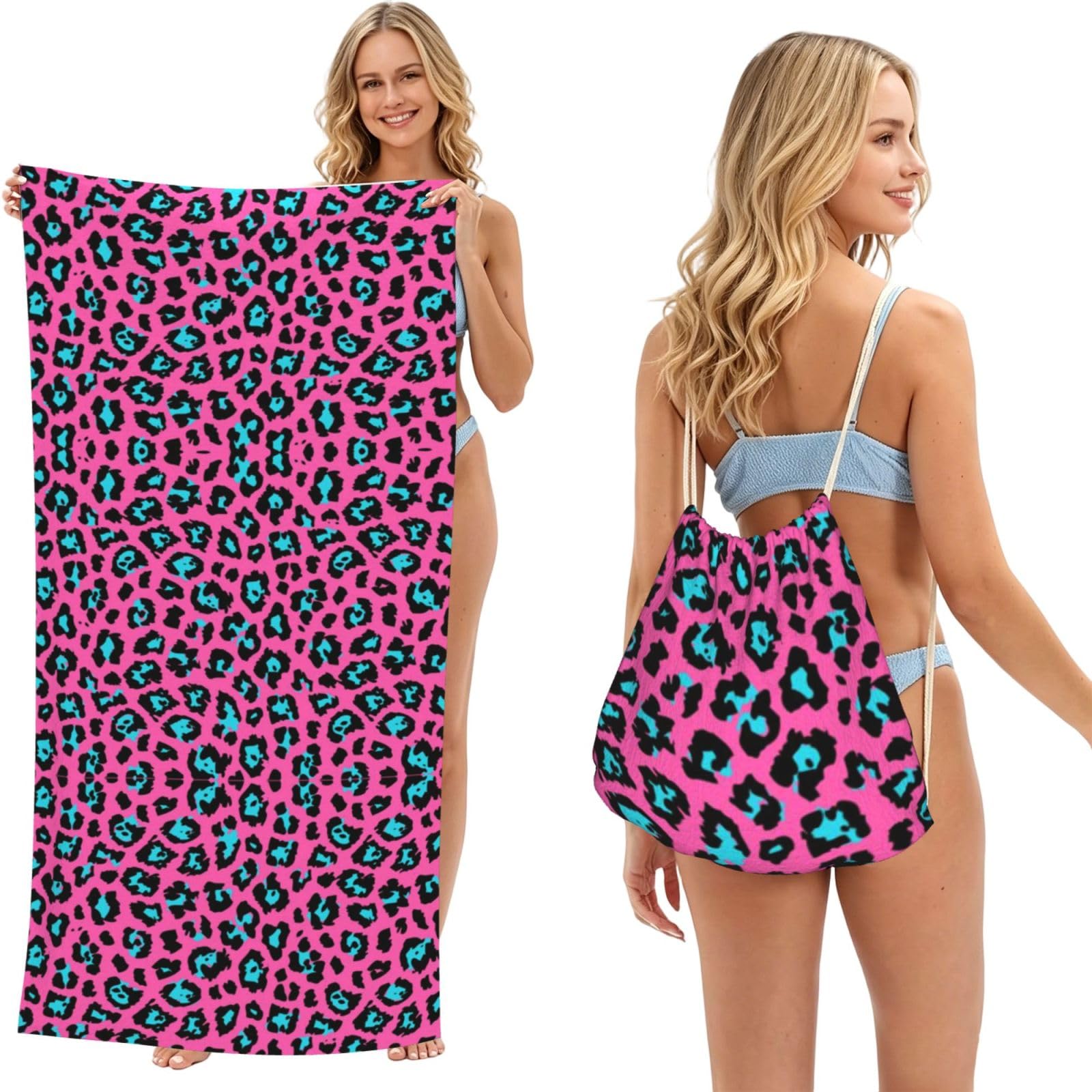 ESNAIUVCD Cute Leopard Print Beach Towel For Adults,Towel With Drawstring Bag, Travel Pool Swimming Sports Shower Sand Free Quick Dry Bath Towel For Pool, Beach, Yoga- 180x60cm