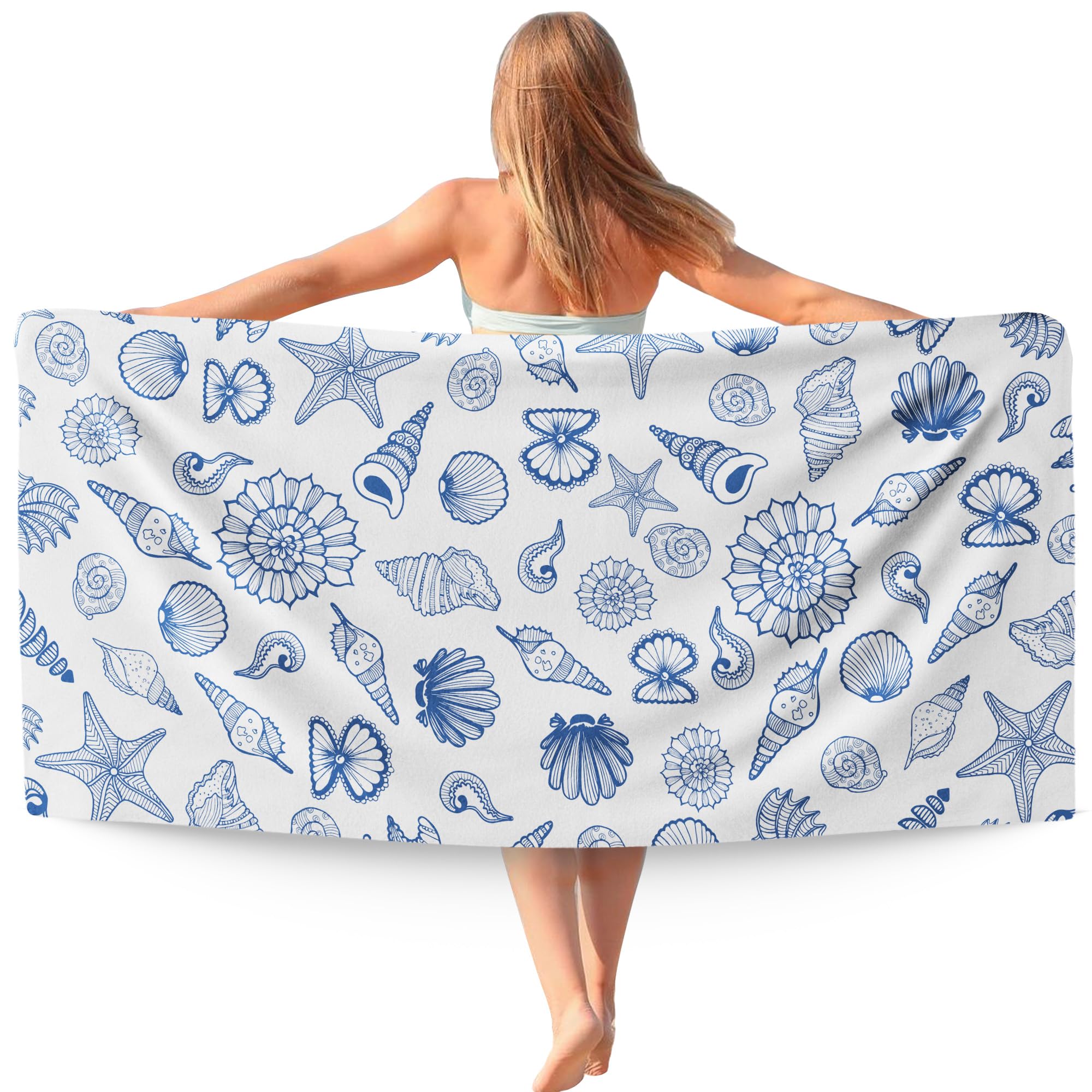 Coastal Beach Towel, Ocean Coastal Seashell Beach Towels Oversized Gifts for Women, Ocean Beachy Quick Dry Travel Sand Free Towel Decor for Bathroom Swimming Pool 30x60in