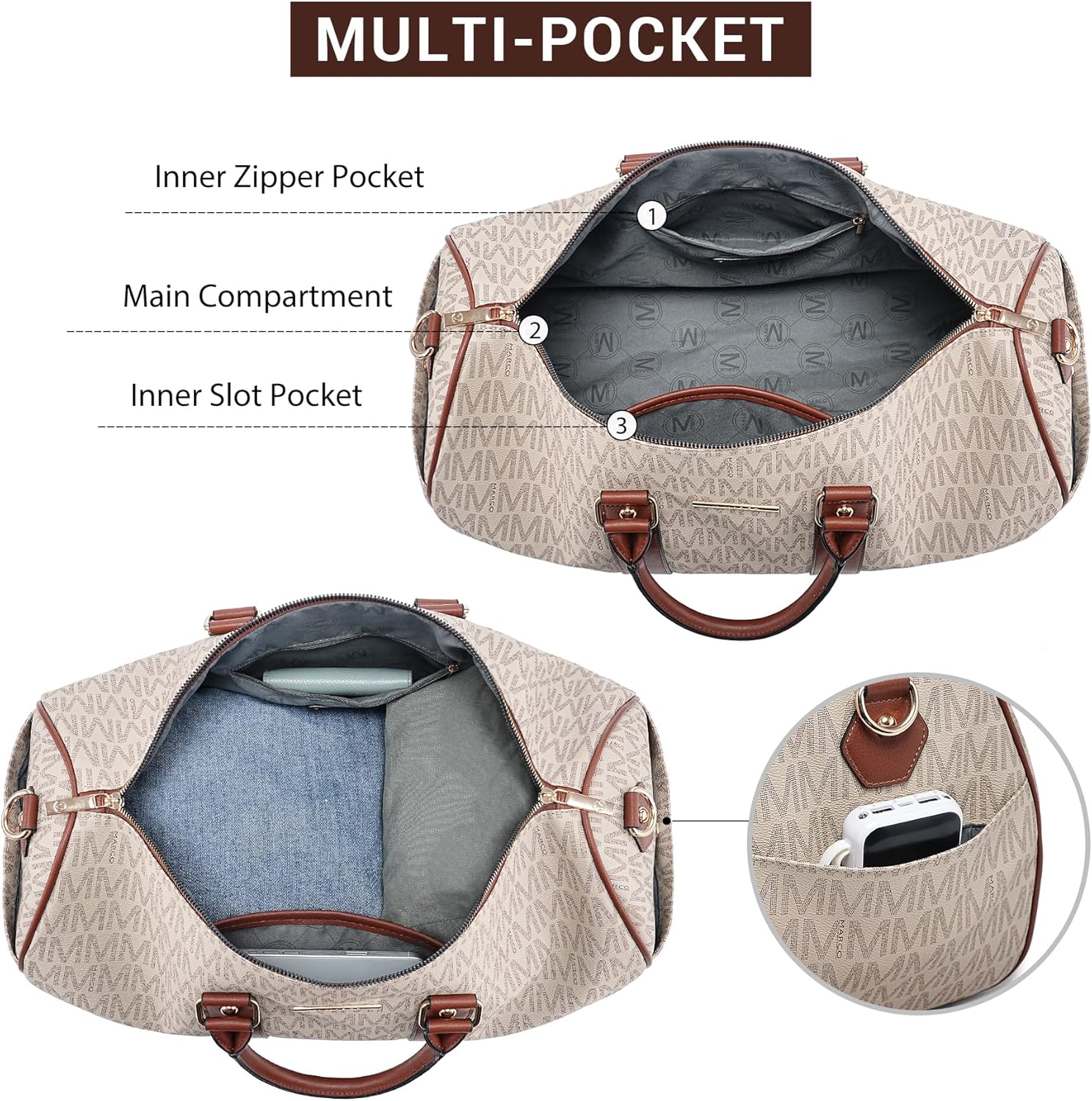 Women PU Leather Monogrammed Duffel Bag for Men- Scratch-Resistant Waterproof, Multi-Pocket Design, Large Capacity Carry-On for Gym Yoga Work Travel Weekender - Image 3