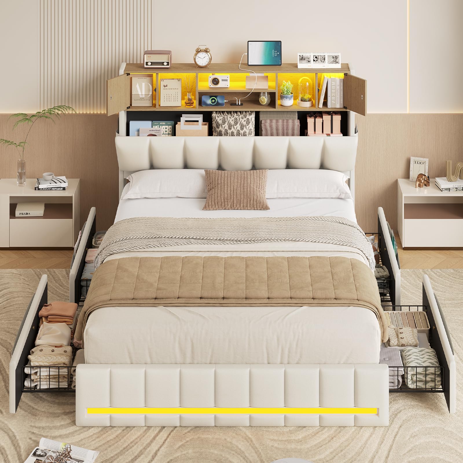 KIMENICH Lit 140 x 190, Lits Double avec LED et Multiprise, Cadre de Lit en Métal avec 4 Tiroirs, Tête de Lits en Bois Capitonnée avec 7 Compartiments, Lits 140 x 190 avec Sommier et Rangement, Blanc