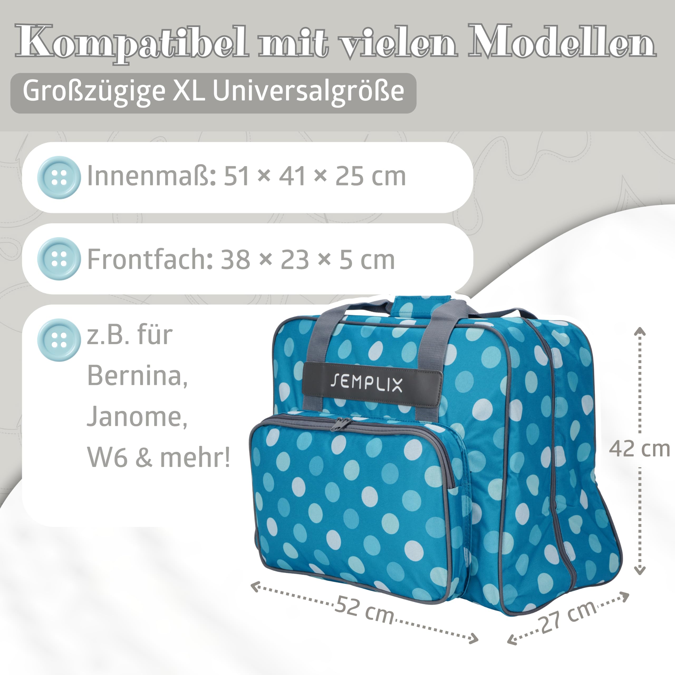 SEMPLIX XL-Nähmaschinentasche, Polka Dots Petrol/Türkis, 52x42x27 cm, Große stabile Transport und Aufbewahrungs Tasche für große Nähmaschinenmodelle